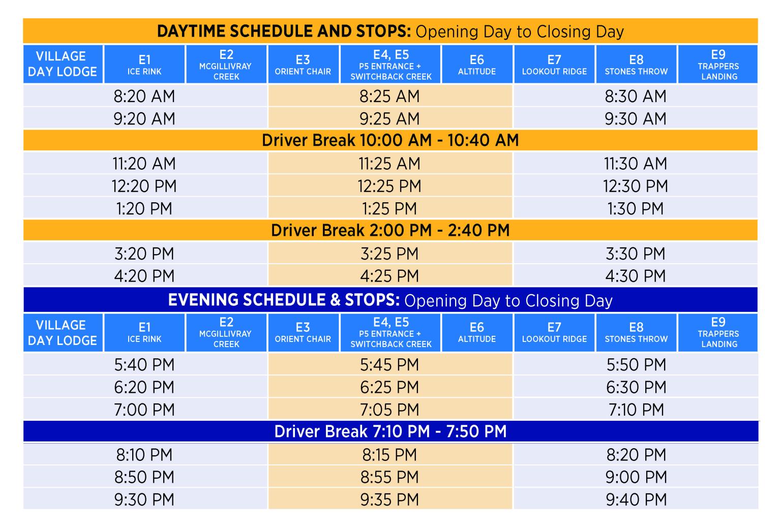 Sun Peaks Resort Complimentary In-resort Shuttle East Schedule 