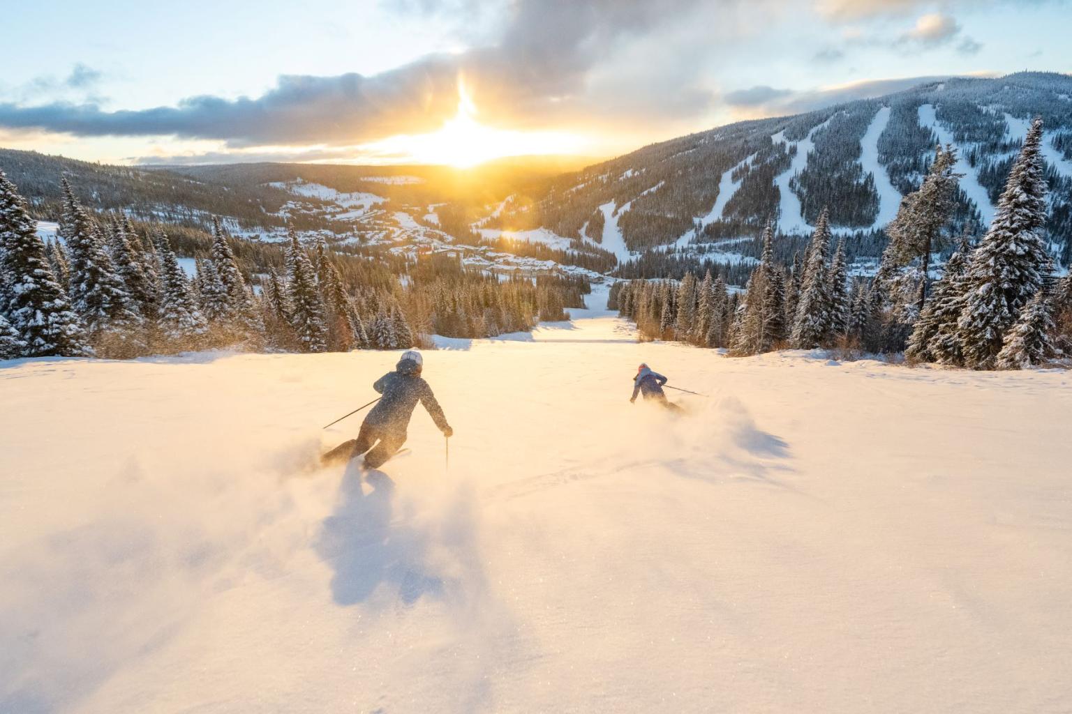 Skiers descending a snowy slope at sunset, mountains in the background.