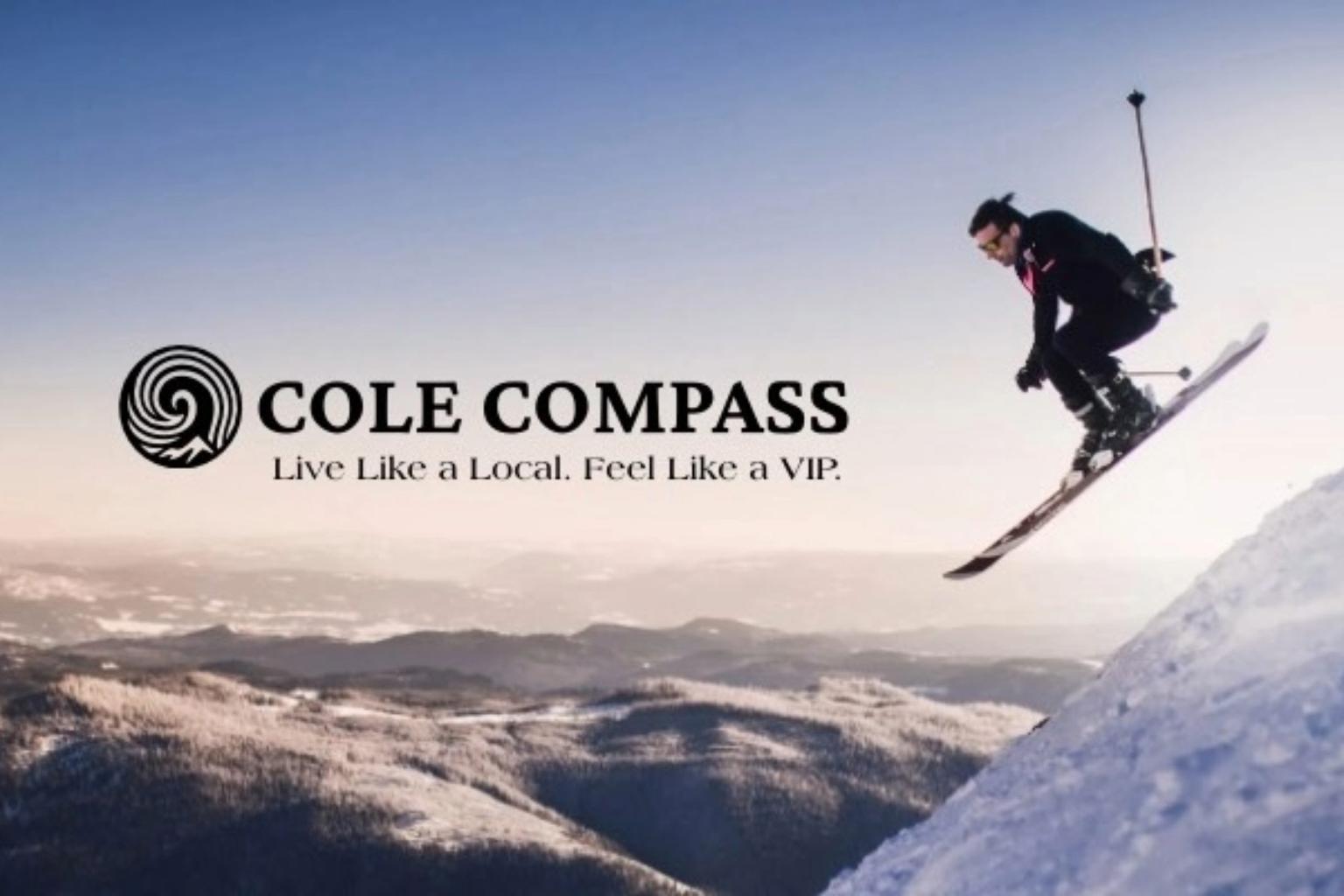 Cole Compass. Live like a local, feel like a VIP. Ski jumper mid-air against snowy mountain backdrop, logo on the left.