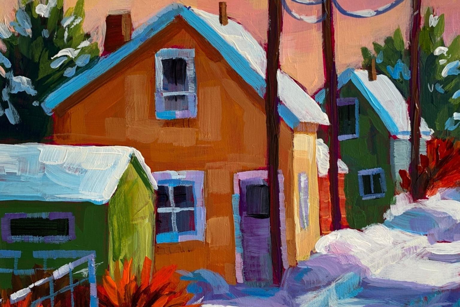 Colorful winter landscape painting with snowy houses and trees.