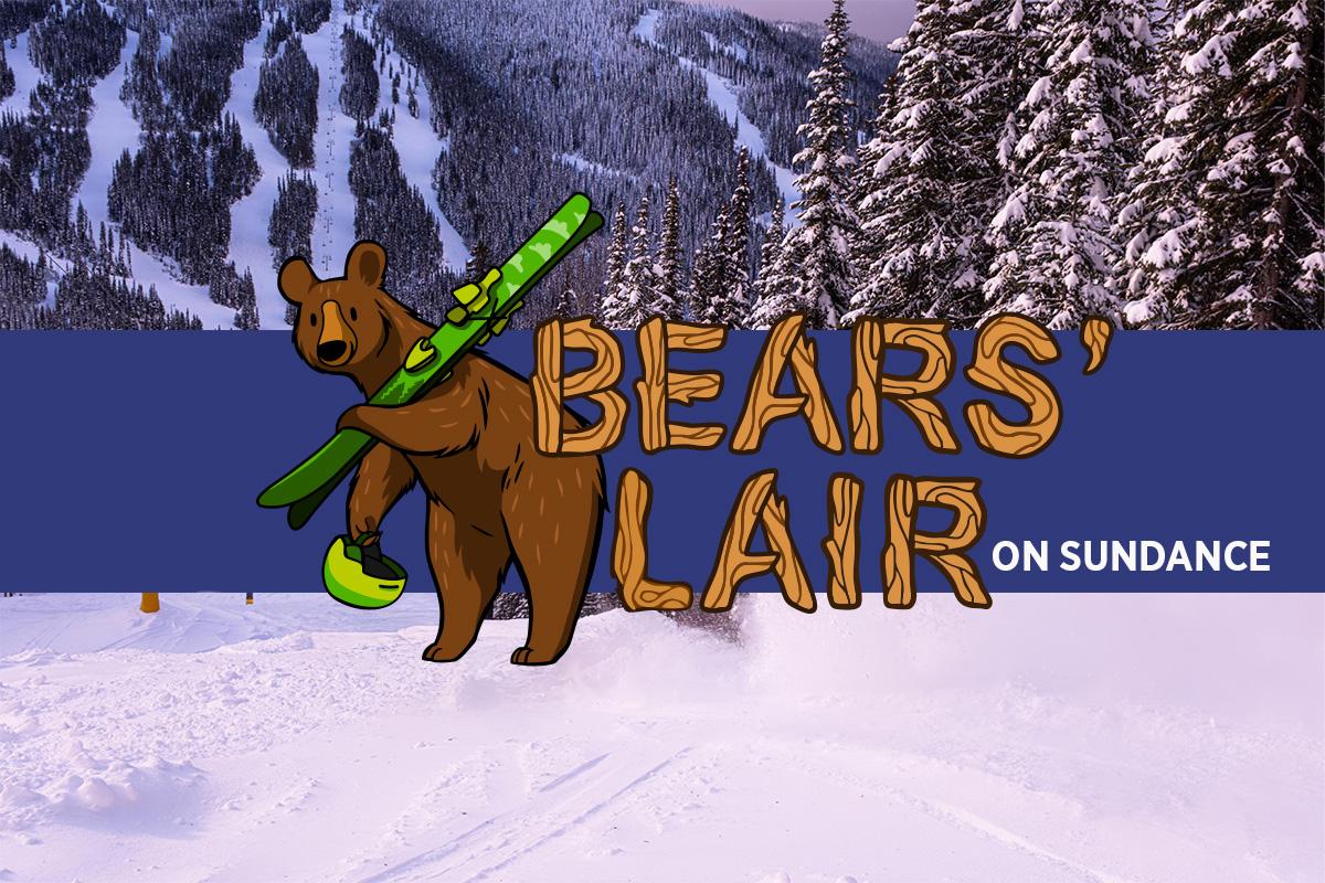 Bear with skis and poles in snowy mountain setting, text overlay reads "Bears' Lair on Sundance."