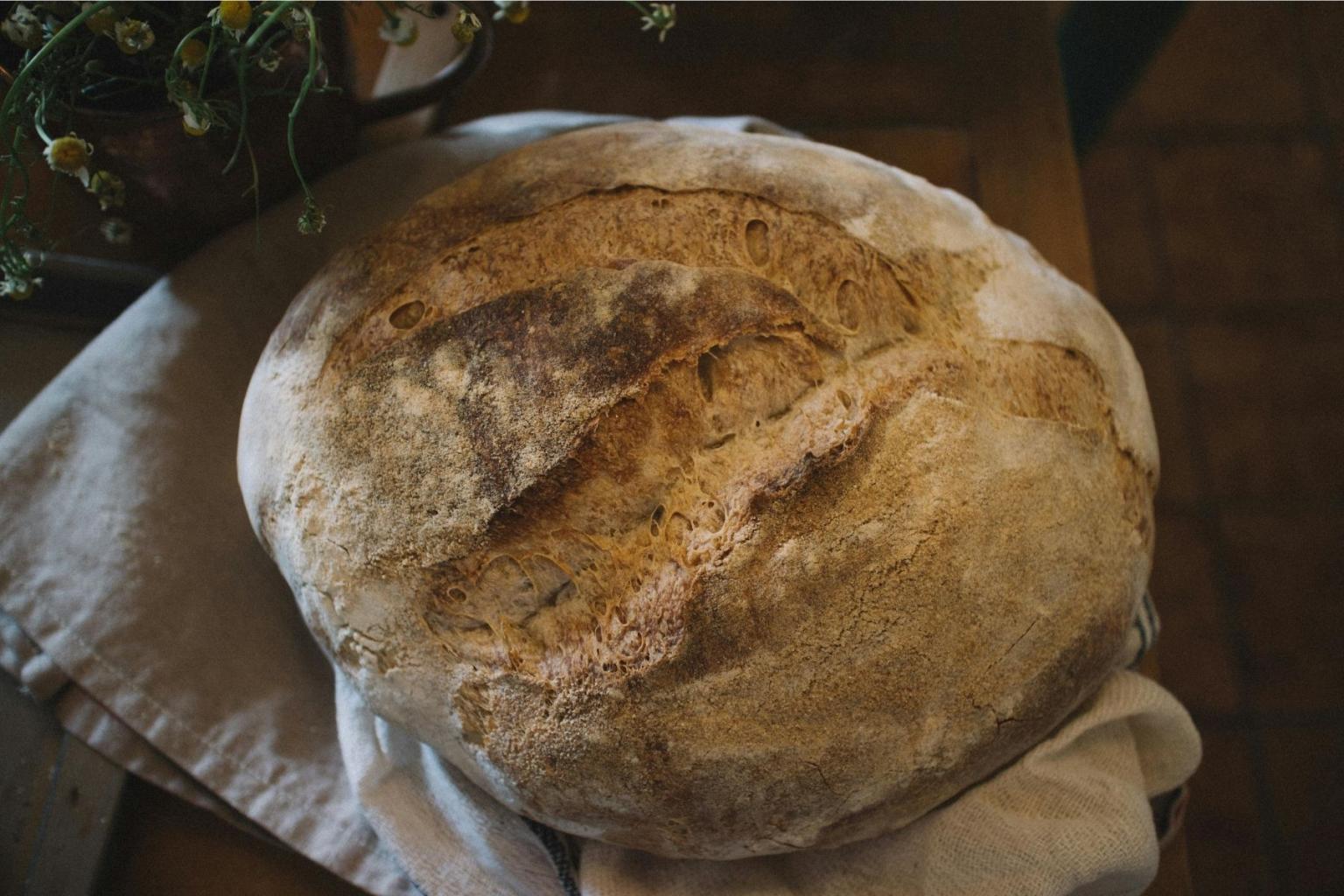 Rustic round loaf of bread on a cloth-covered surface.