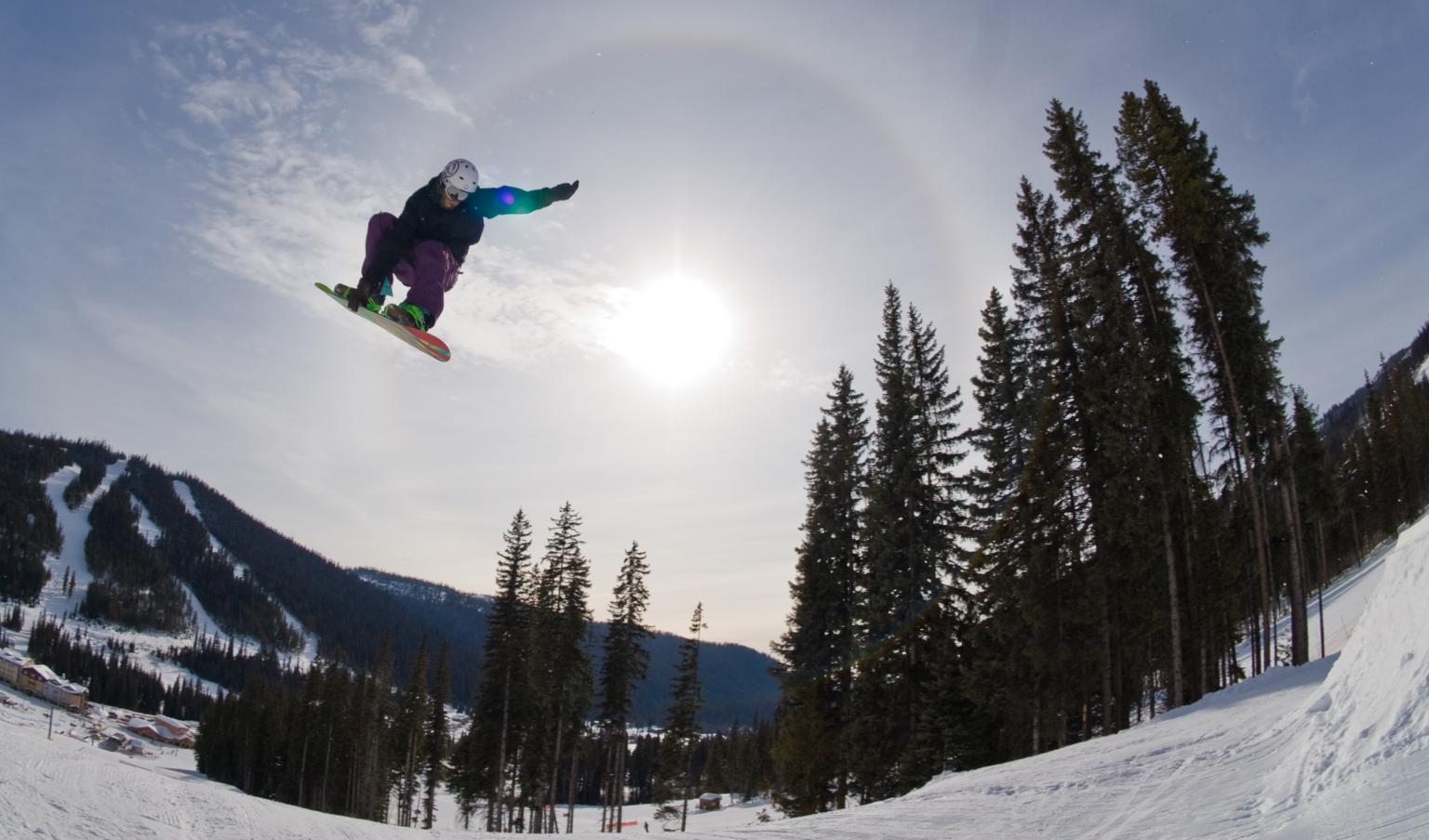 Snowboarder soaring under a bright sun with a halo in a snowy, tree-lined landscape.