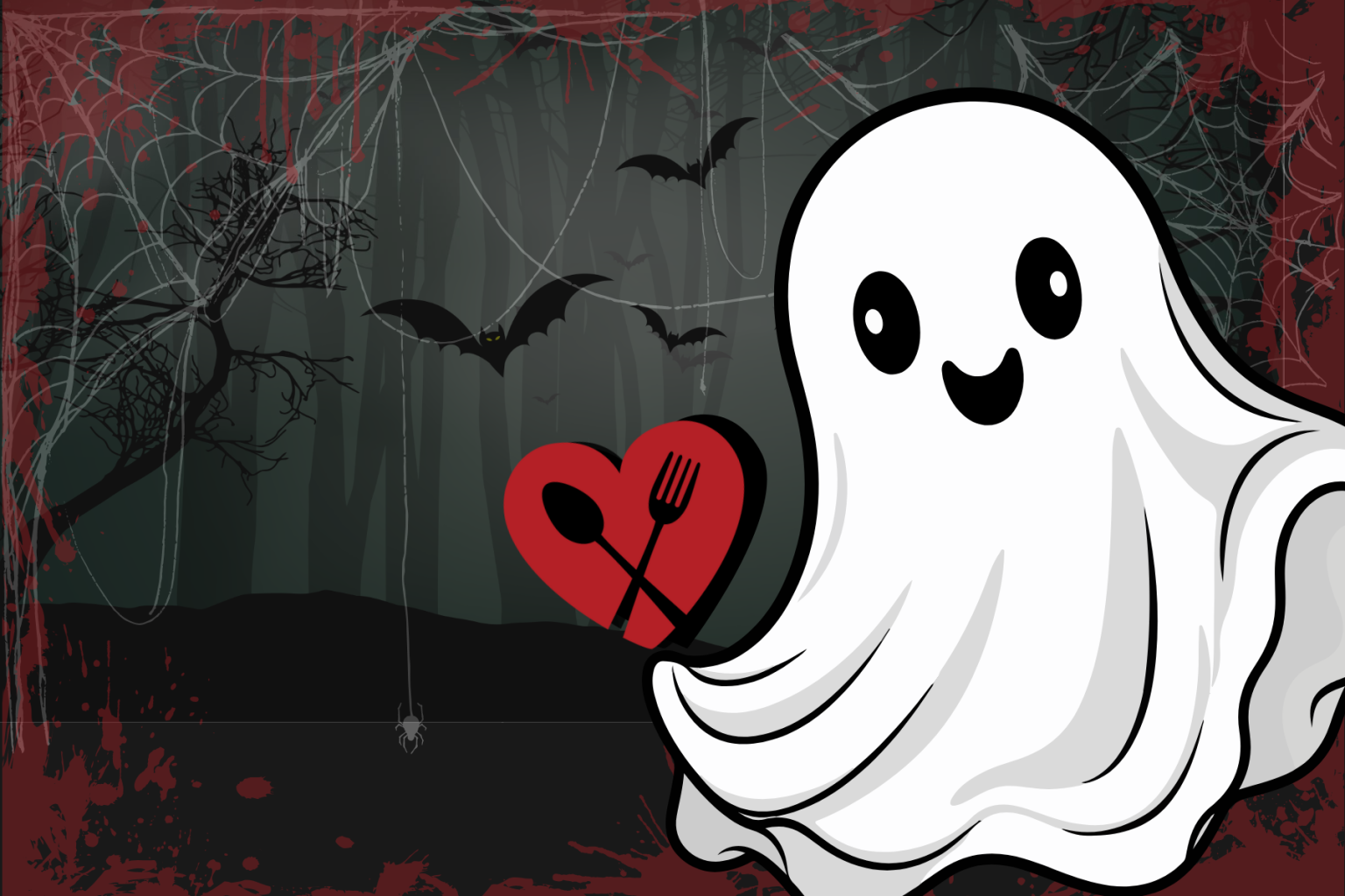 Cute ghost holding a heart with spoon and fork, bats flying in a spooky forest background.