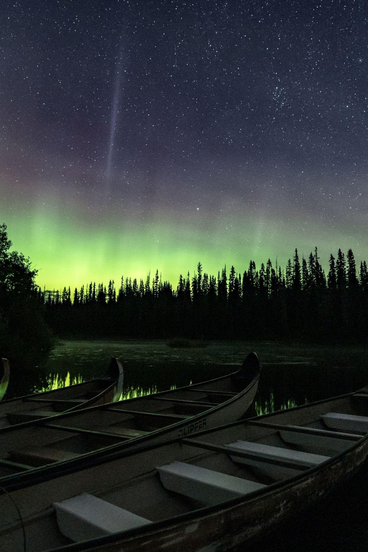 Canoes by a forest lake under a vibrant green aurora borealis and starry sky.