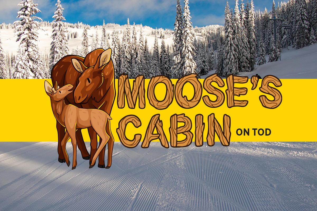 Two cartoon moose on snowy landscape, text overlay reads "Moose's Cabin on Tod"