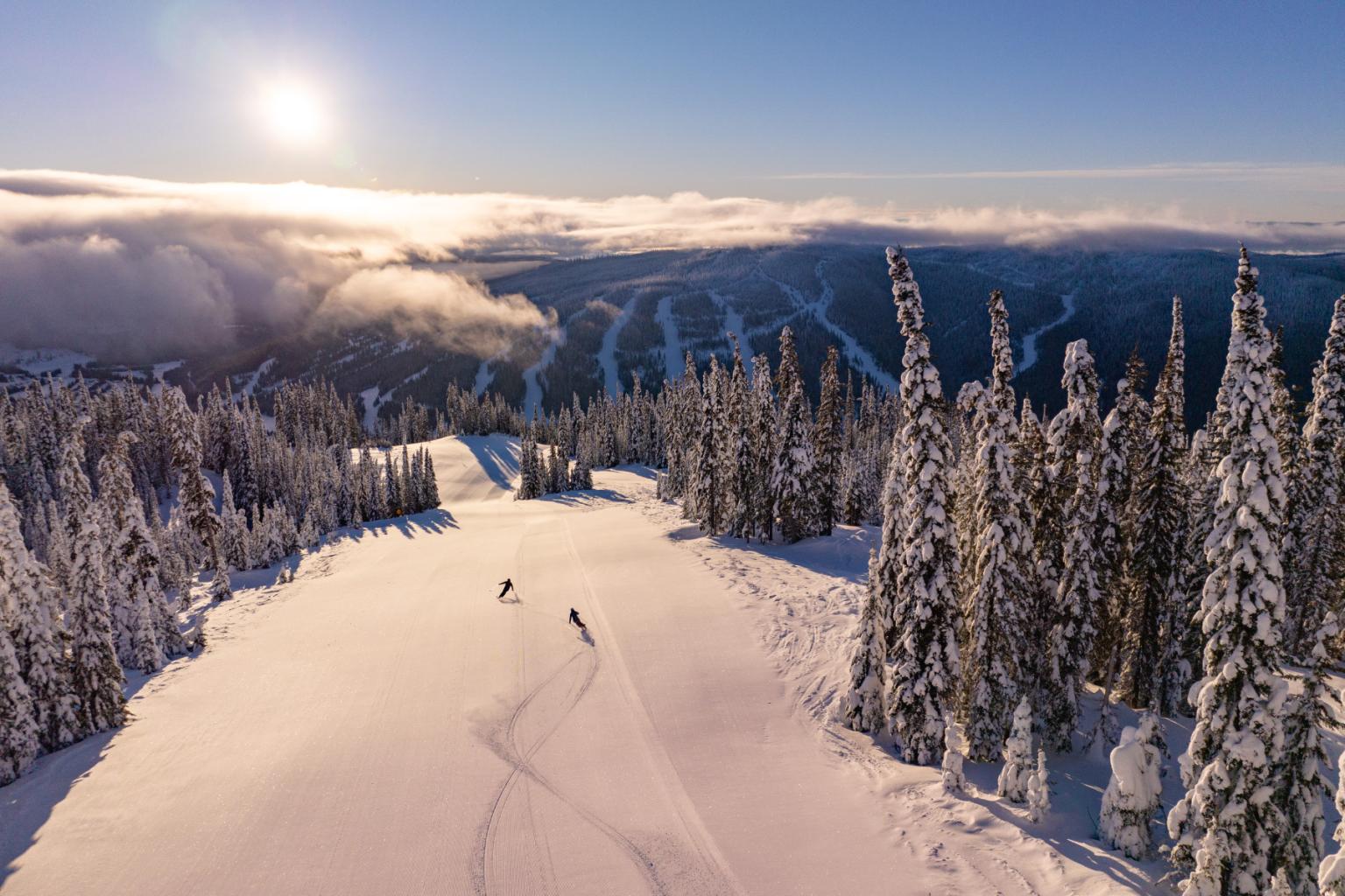 Snowy landscape with two skiers under a bright sun, surrounded by snow-covered trees.