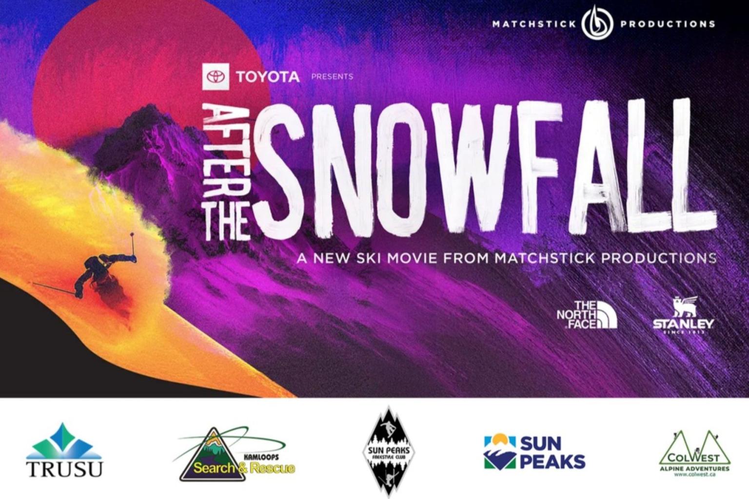 Snowboarder on a slope and colorful mountain background. Text reads; "After the Snowfall".