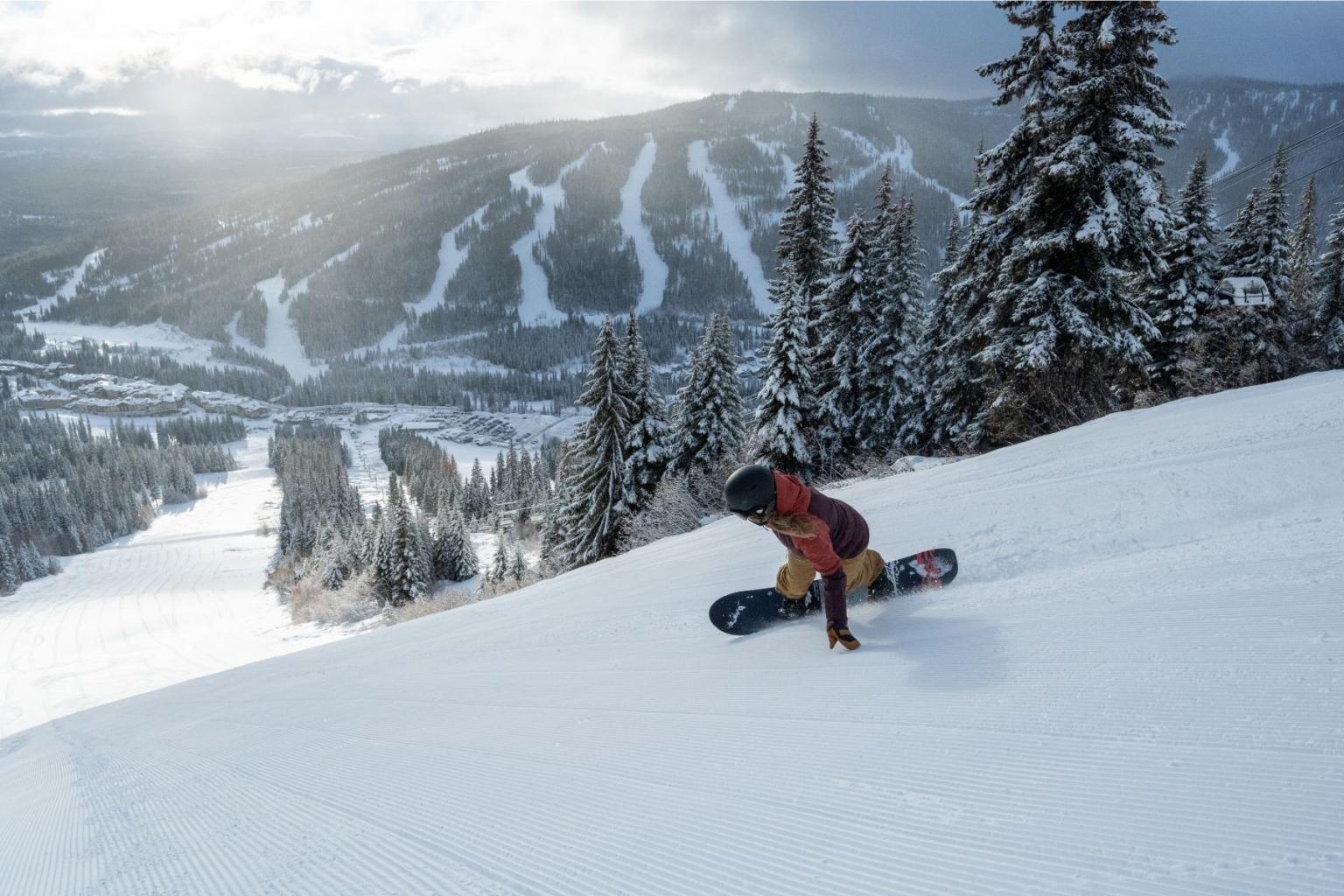 Snowboarder descending a snowy slope, surrounded by pine trees and distant mountains.
