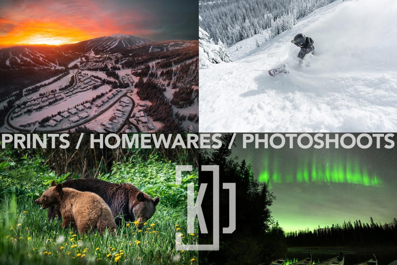 Four-photo collage: sunset over mountains, snowboarder on snowy slope, bears in grass, northern lights.