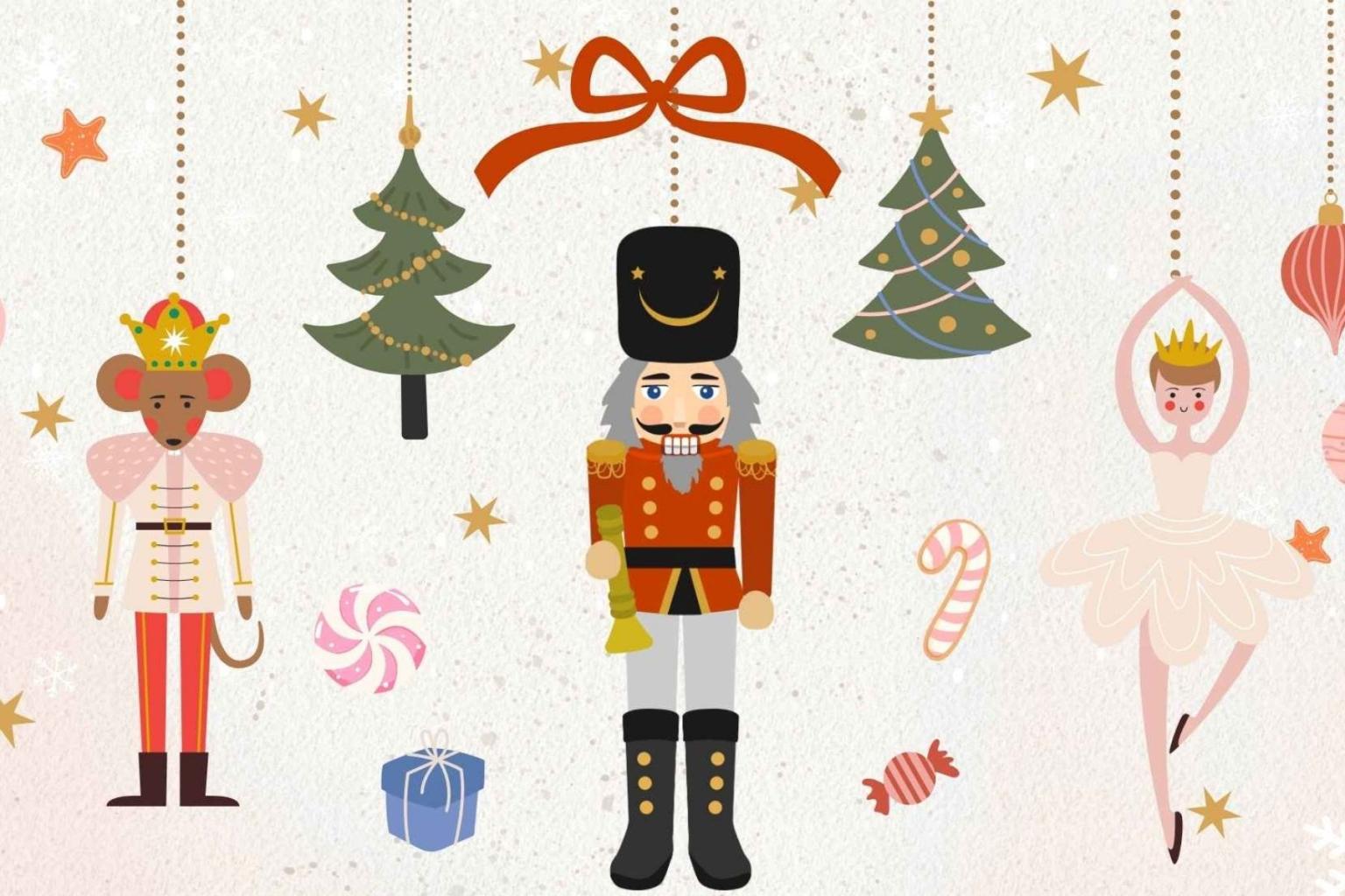 Nutcracker, toy soldier, and ballerina among festive decorations and candies.