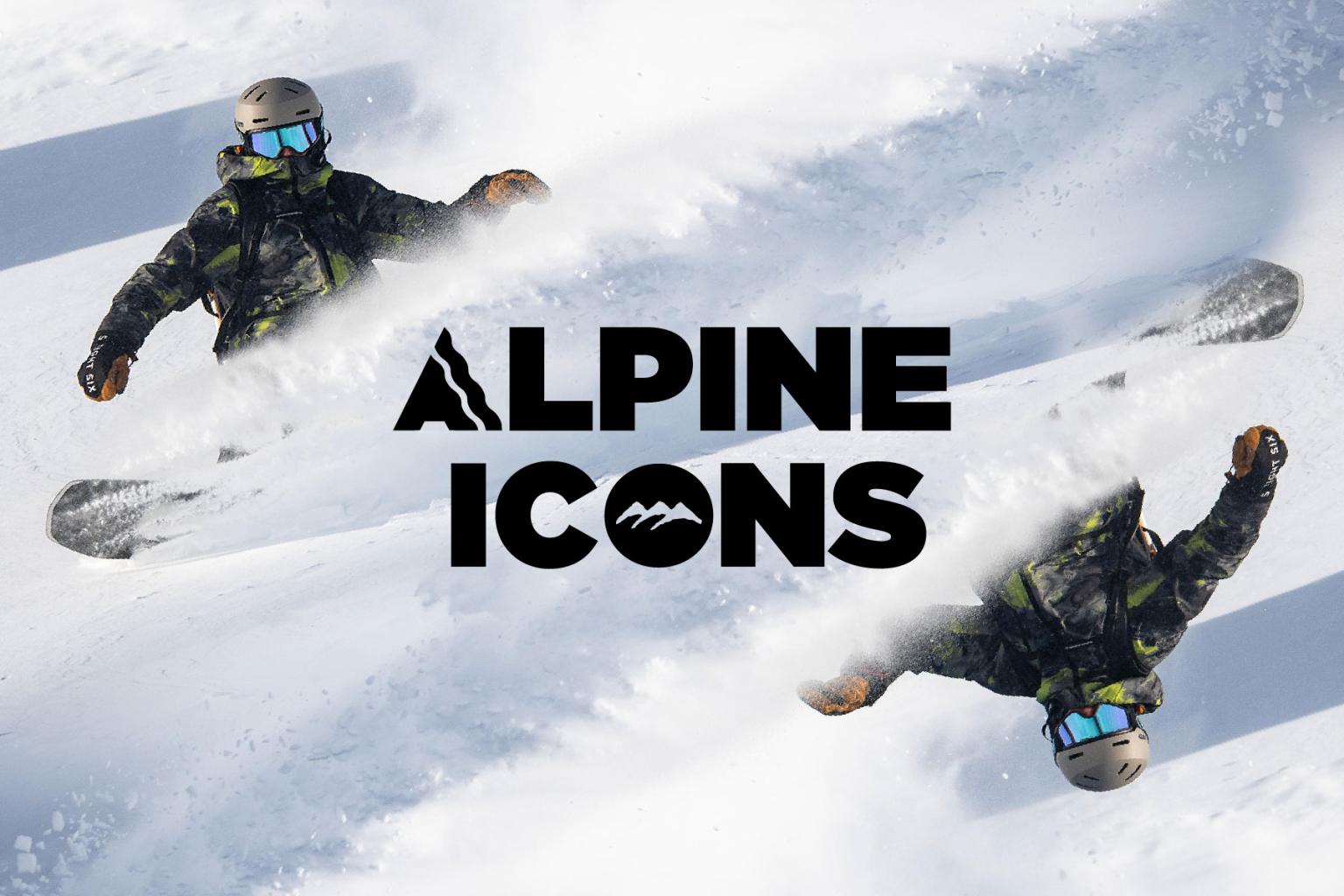 Snowboarder descending a snowy slope, "Alpine Icons" text in the center.