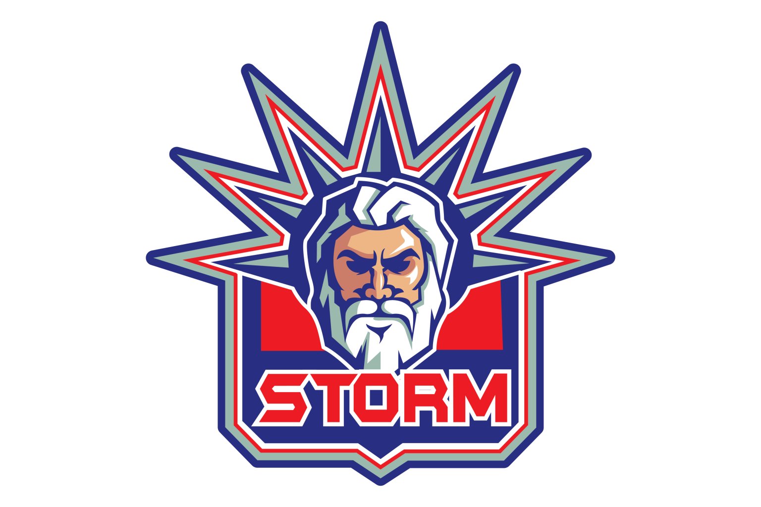 Storm logo with stylized face and spiky blue and red background.