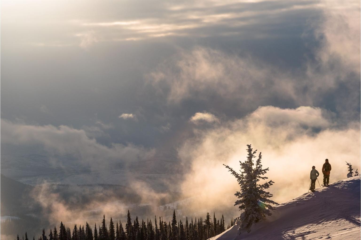 Snowy mountain with two people and a frosted tree against a cloudy sky.