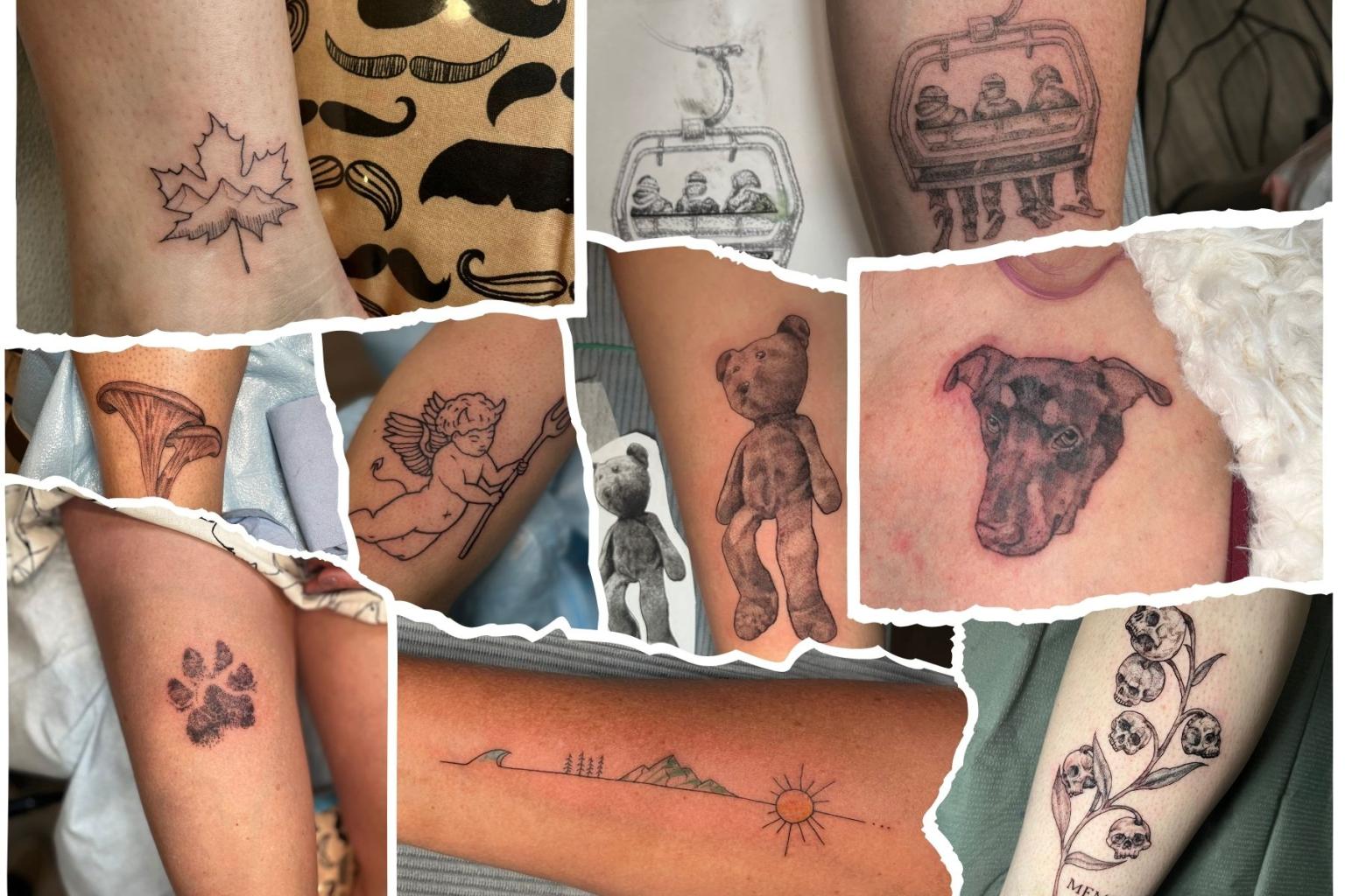 Collage of various arm tattoos including animals, plants, and objects.