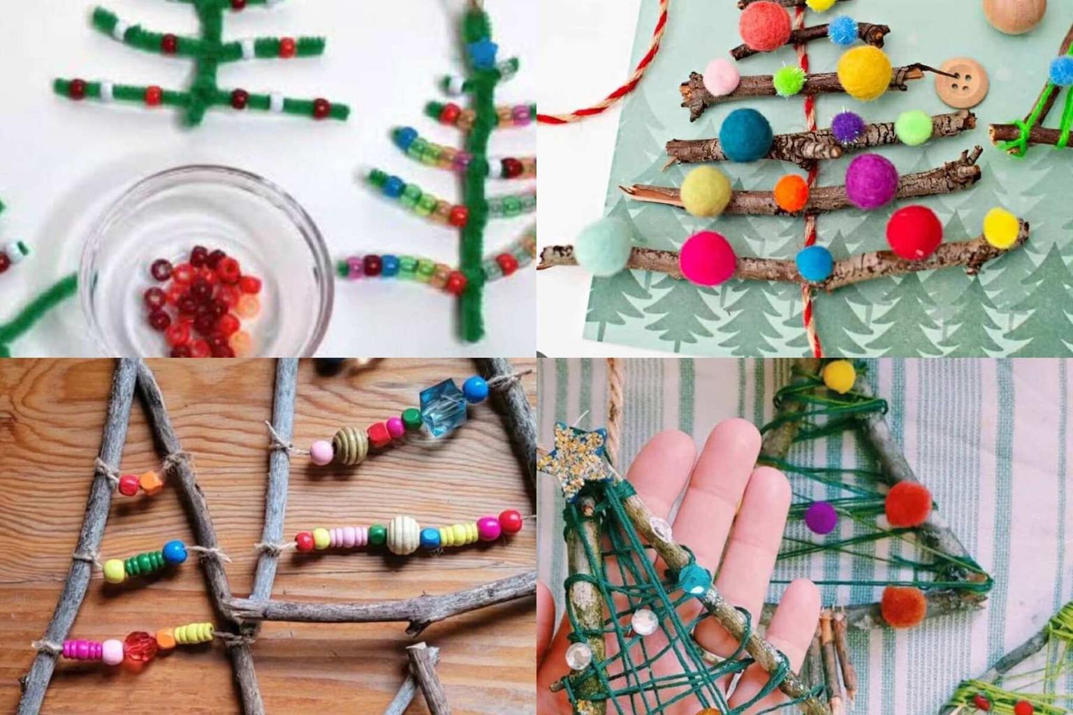 Colourful Christmas tree crafts made from beads, twigs, and yarn.