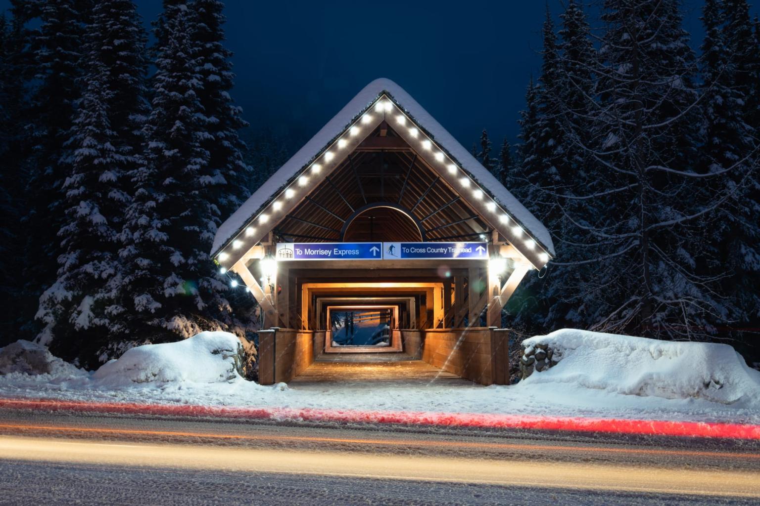 Covered bridge at night with snow, surrounded by trees.