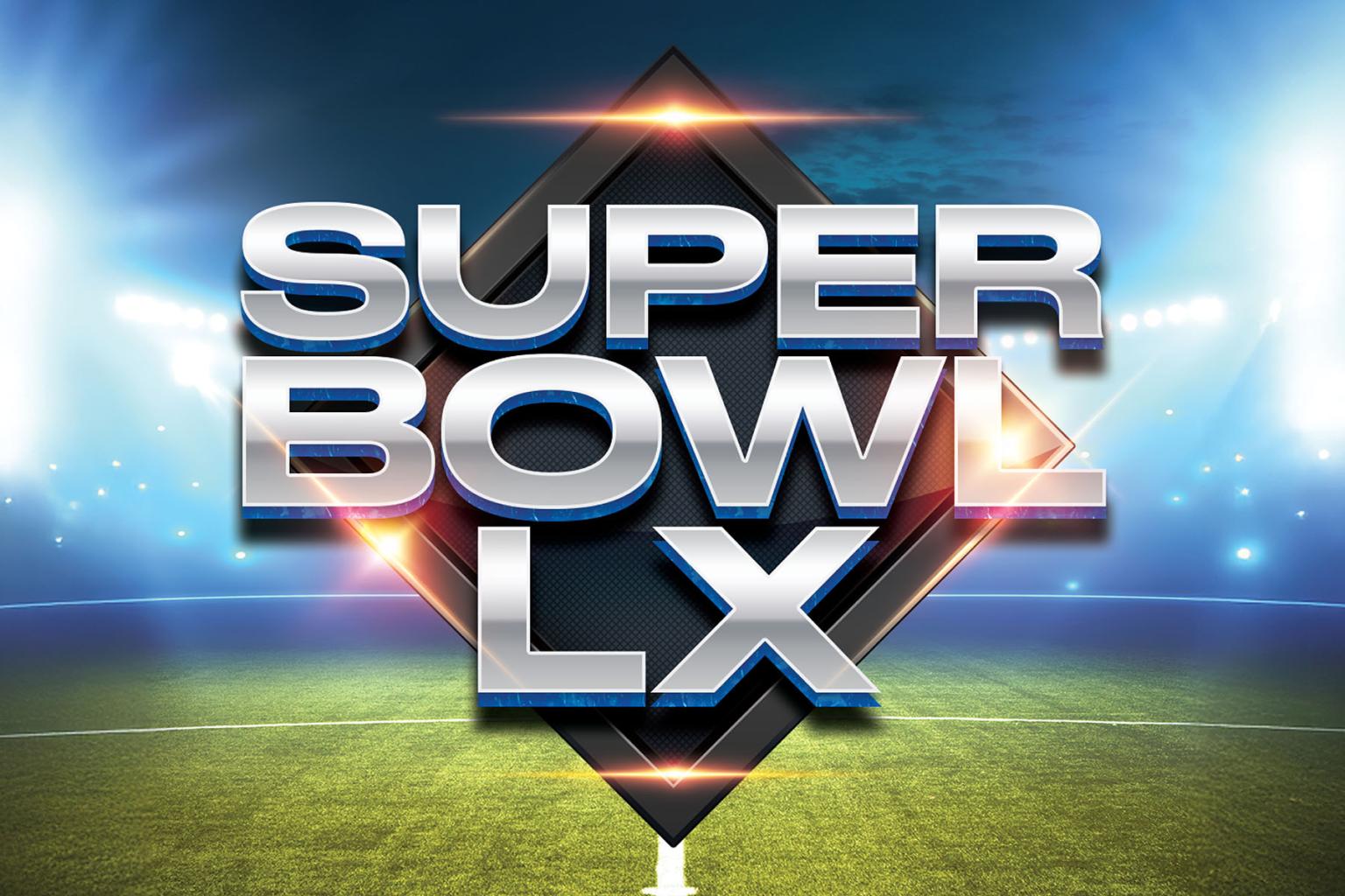 Super Bowl LX logo on a glowing football field background.