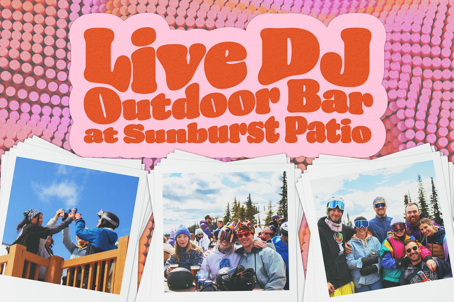 Live DJ event flyer with photos of people enjoying outdoor activities.