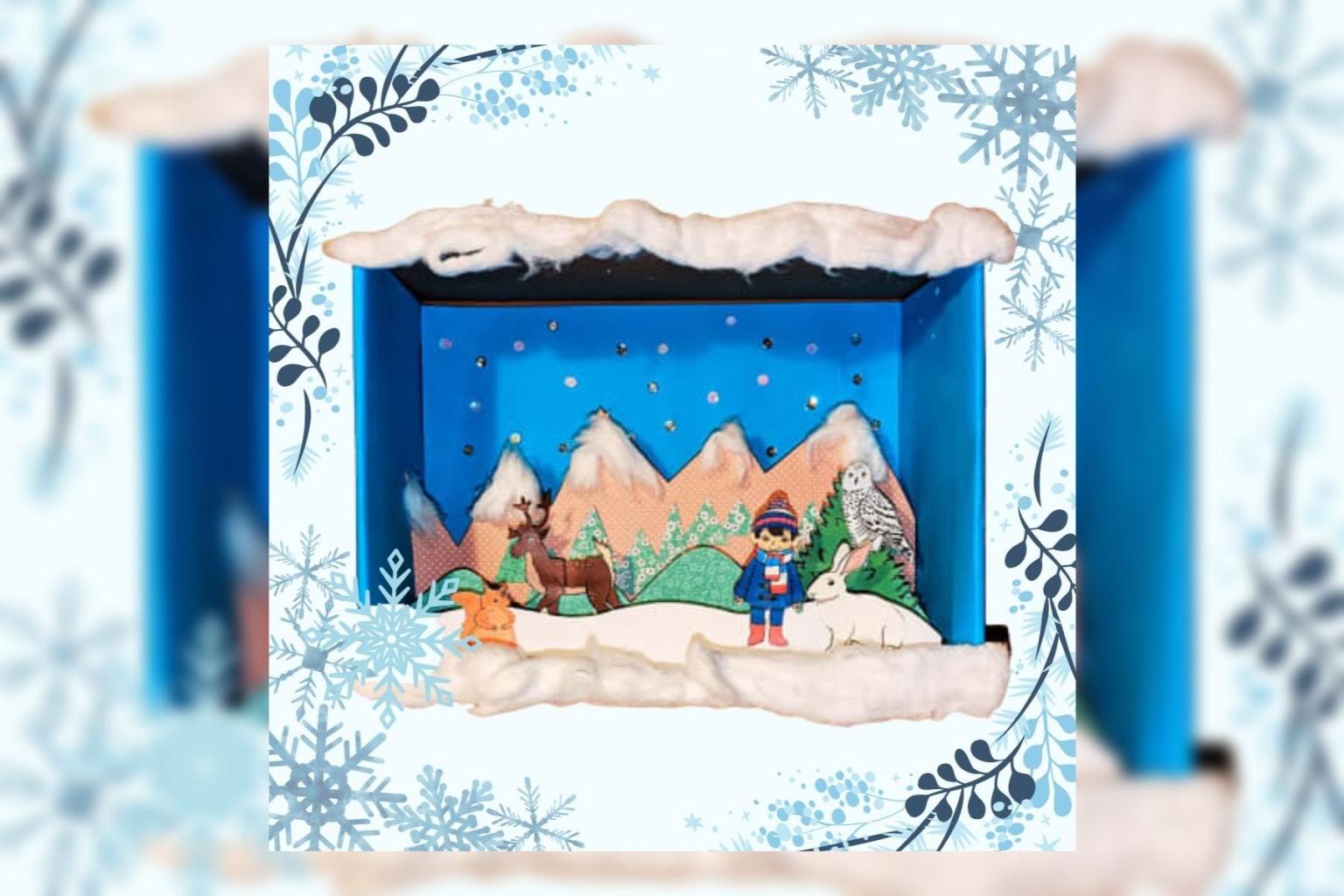 Colorful winter diorama with mountains, trees, and child in a snowy landscape.