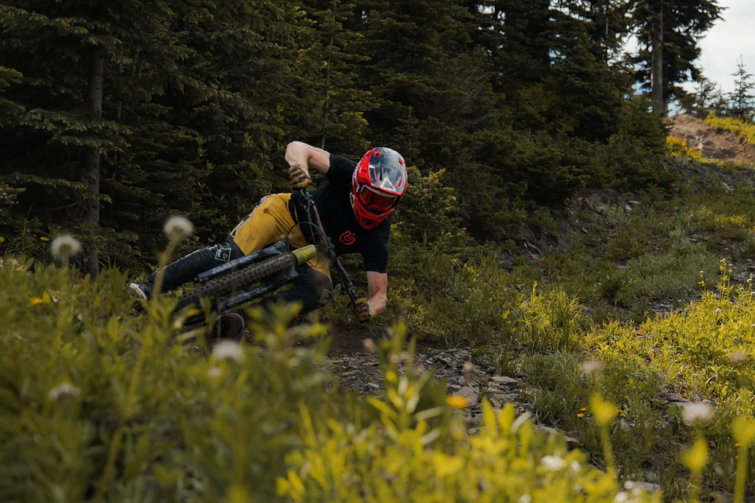 Mountain biker in red helmet rides through lush forest trail.