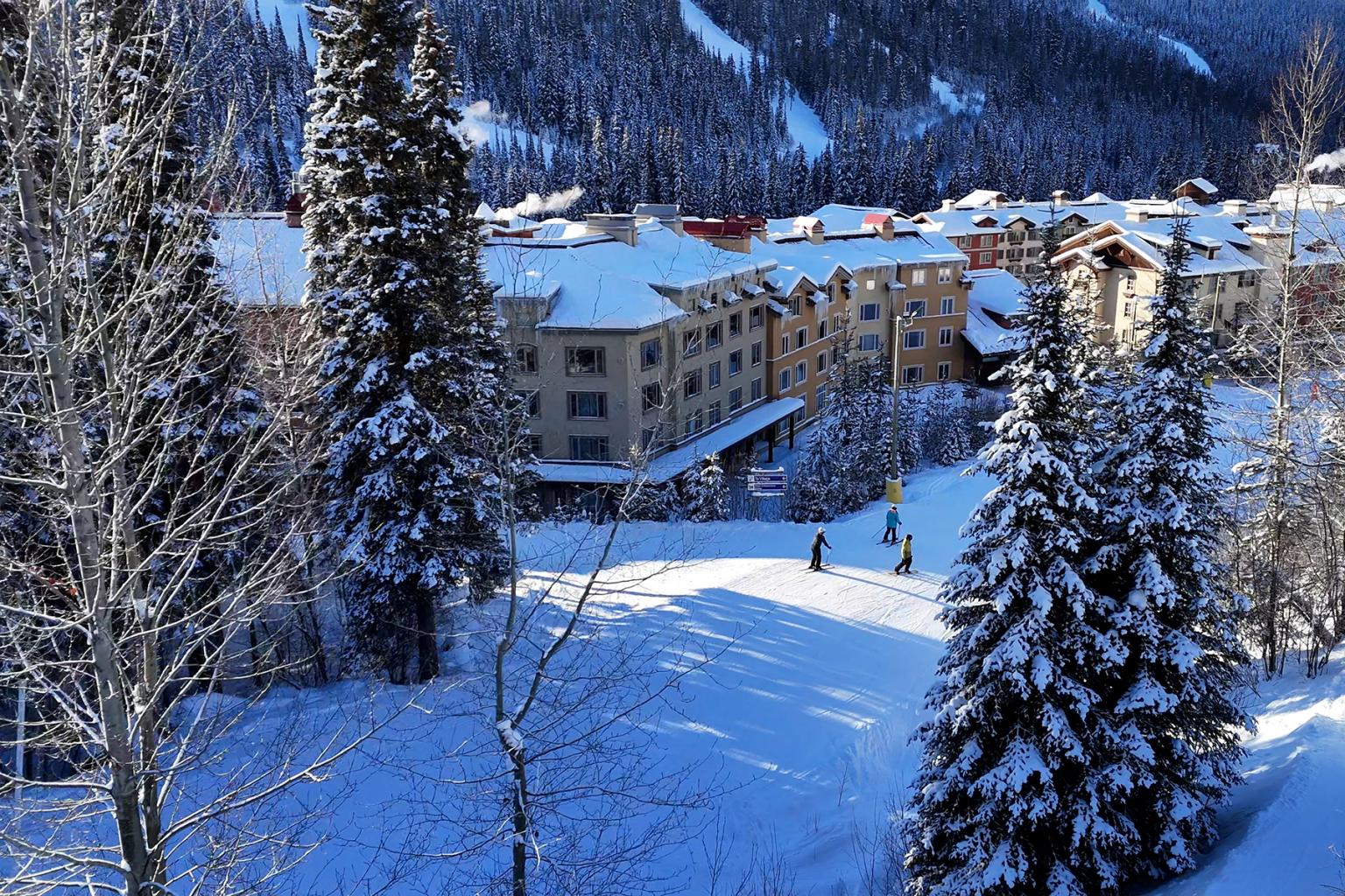 Snowy ski resort with people skiing, surrounded by pine trees and mountains.
