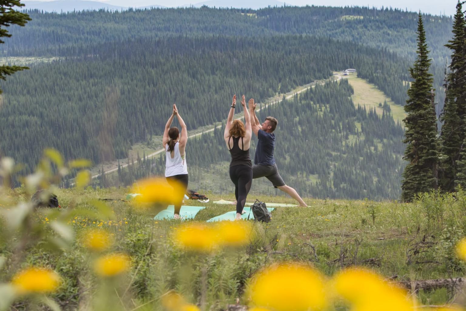 Three people practicing yoga on a grassy hill with mountains in the background.