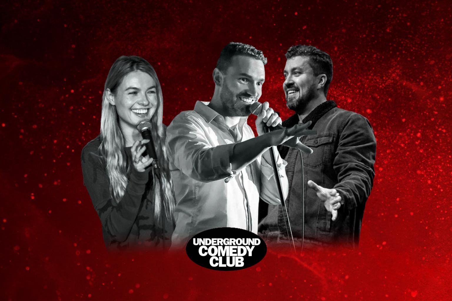 Comedians holding microphones against a red textured background.
