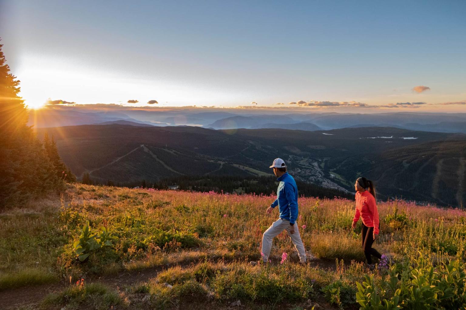 Two people hiking on a grassy mountain with a sunset view.