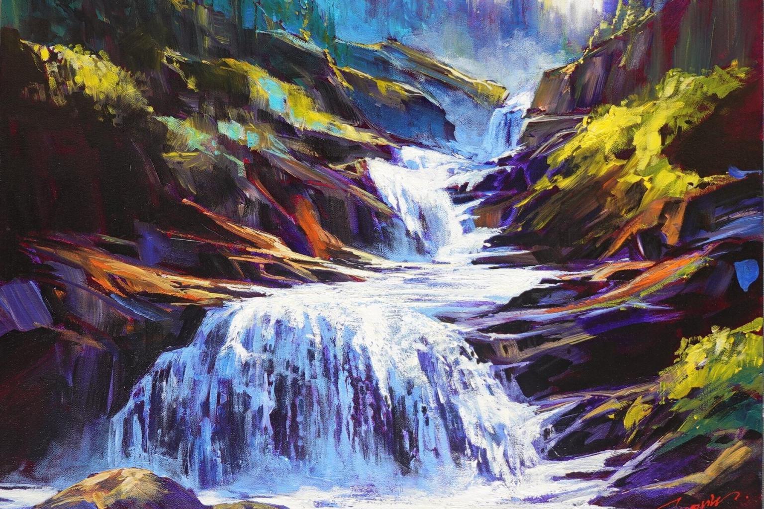 Colorful painting of a cascading waterfall surrounded by vibrant rocks and greenery.