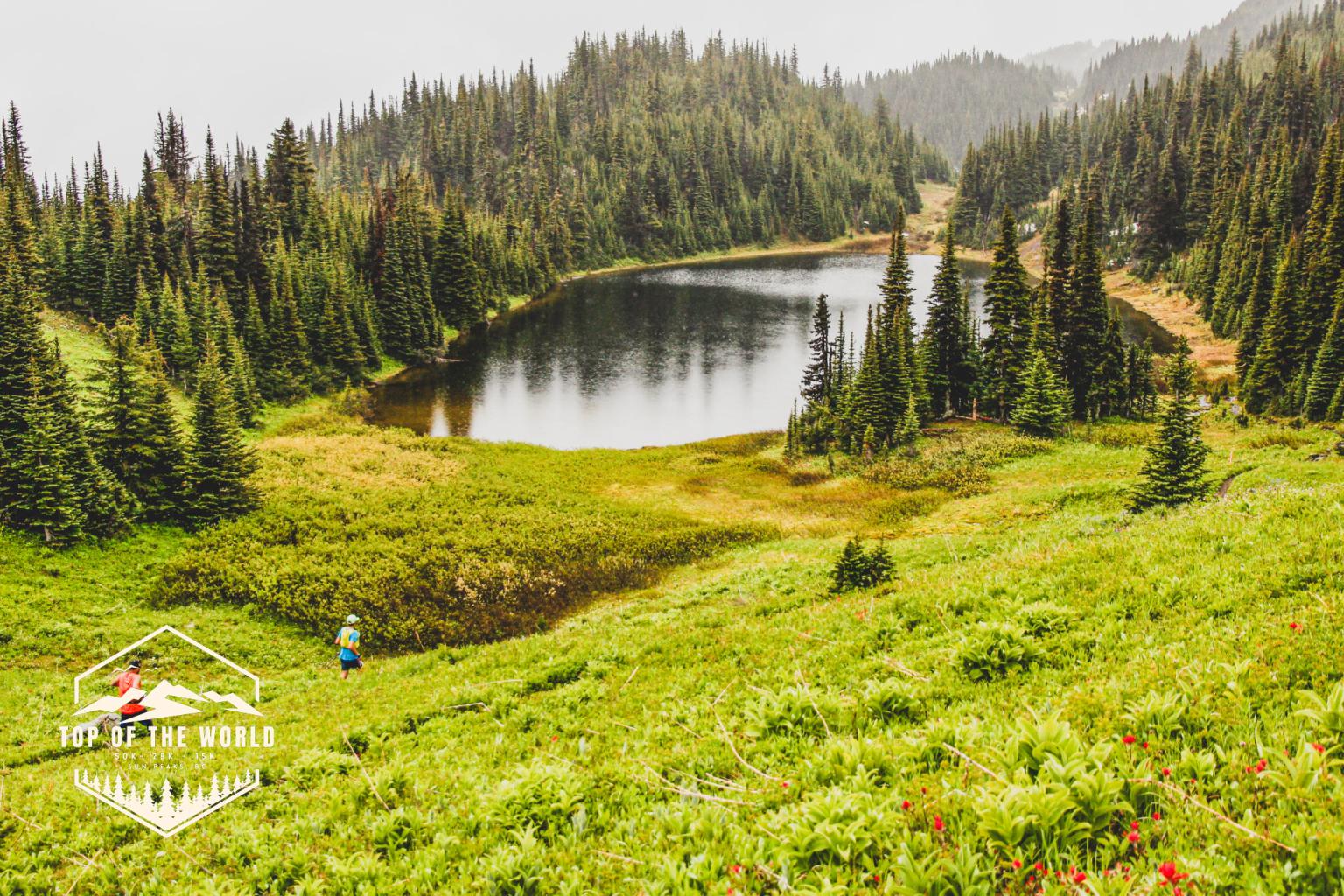 Run Like A Girl event. Mountain lake surrounded by lush green meadow and trees under overcast sky. Hexagonal event logo with mountains and text in the bottom left corner, text reads "Top Of The World".