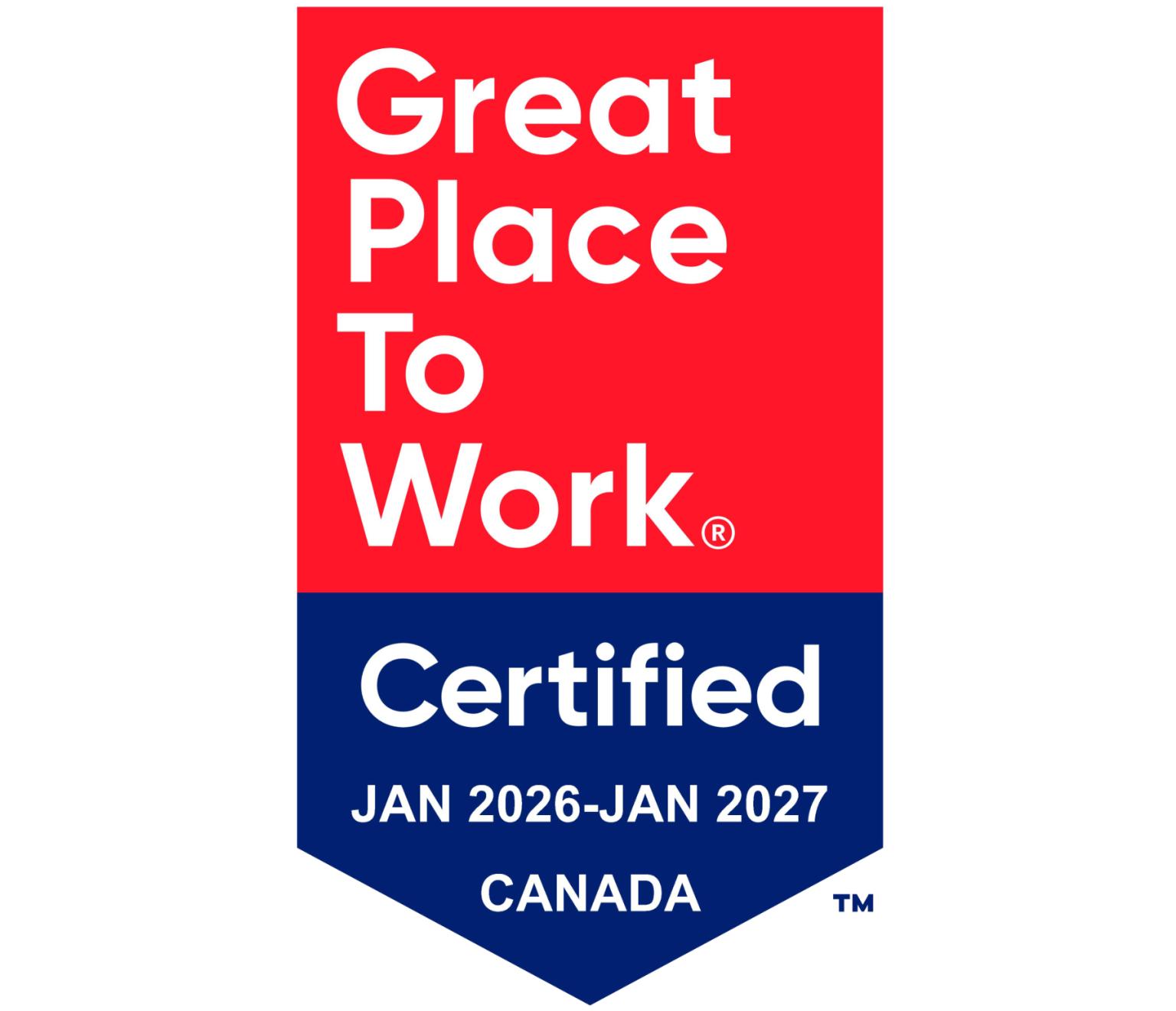 Great Place To Work Certified logo, Canada, 2026-2027.