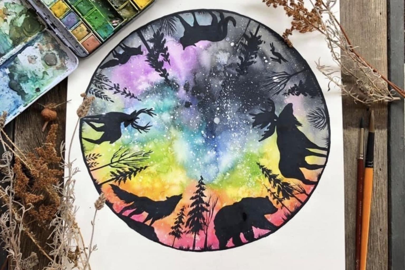 Silhouetted animals in a colorful, starry night circle painting.