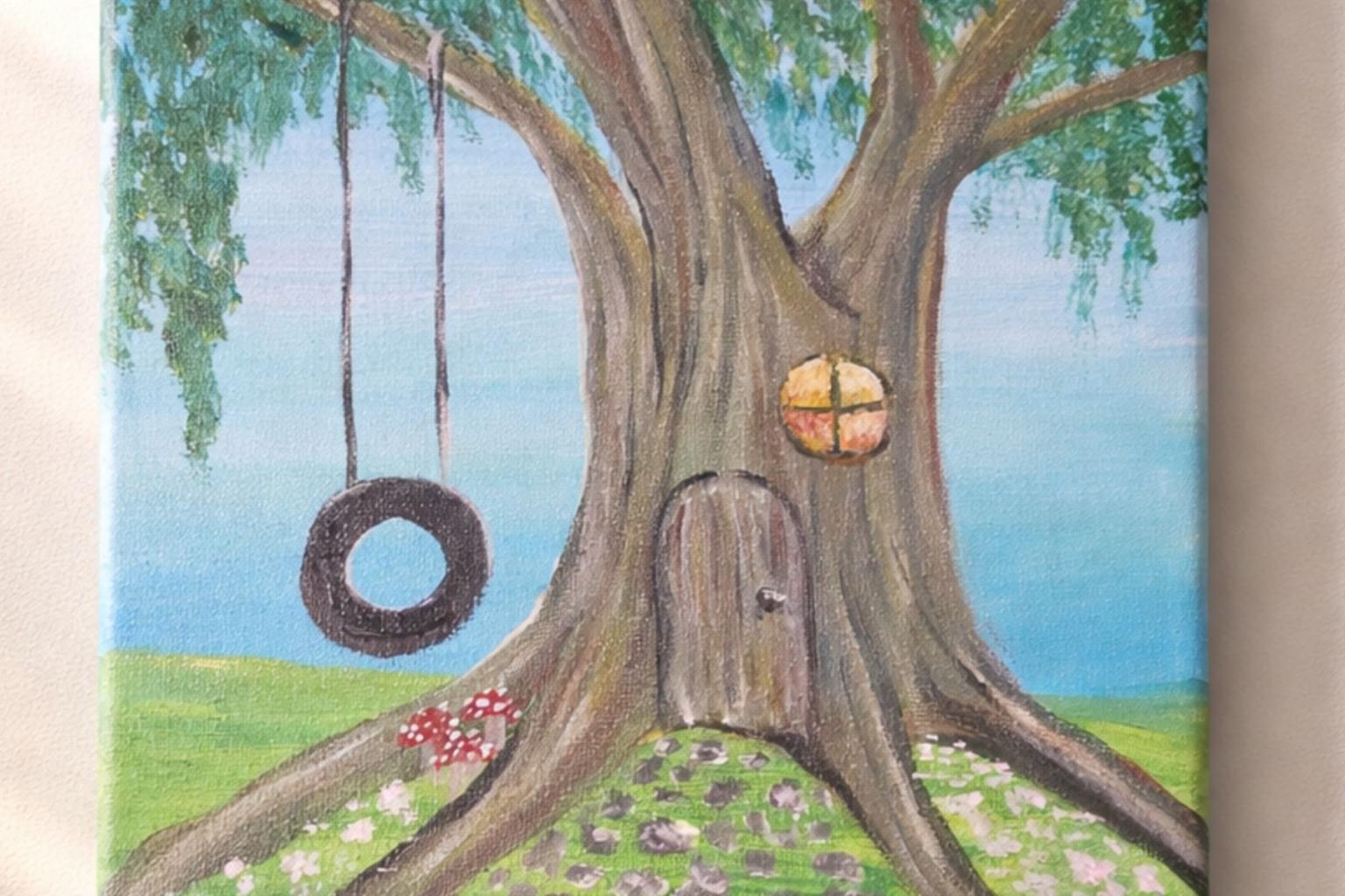 Tree house painting with tire swing, door, and round window.