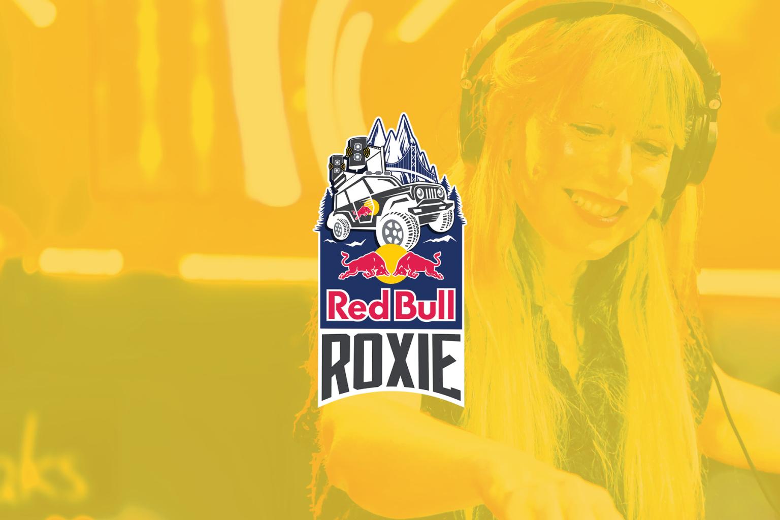 Red Bull Roxie logo over a smiling DJ at a vibrant event.