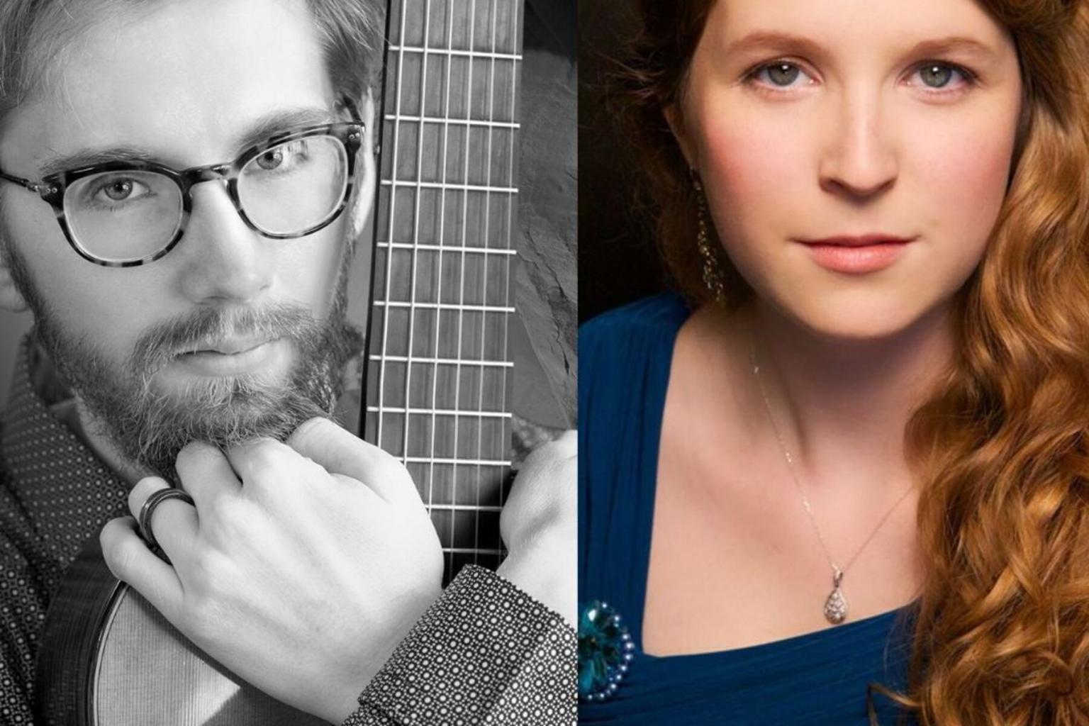 Man with glasses holding a guitar, woman with red hair in blue dress, side by side portraits.