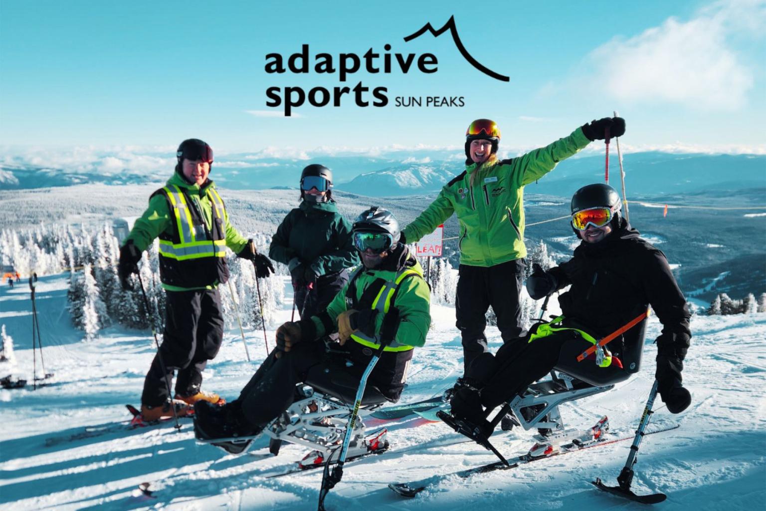 Group of skiers with adaptive equipment on a snowy mountain slope.