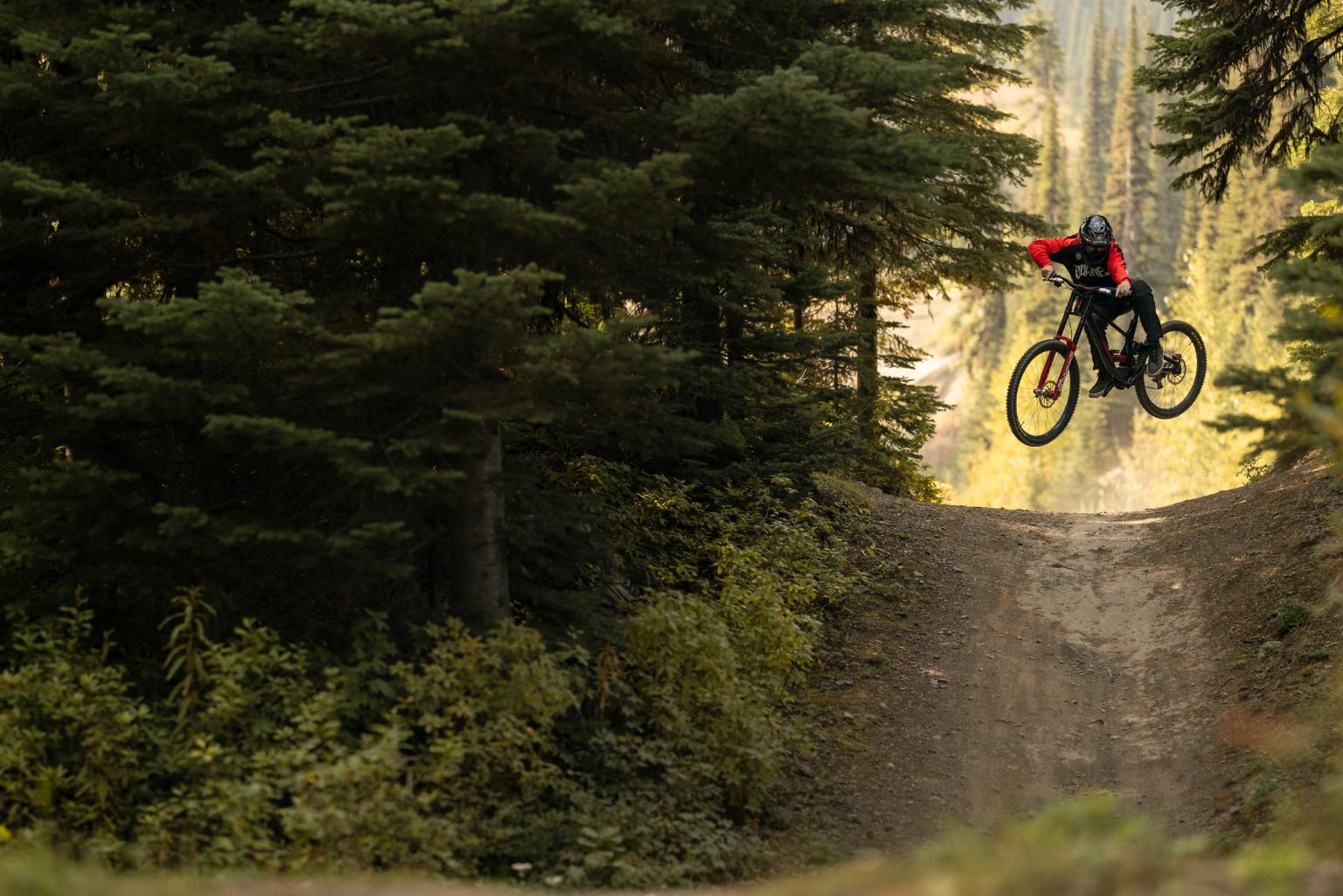 Mountain biker jumps from dirt ramp in forest.