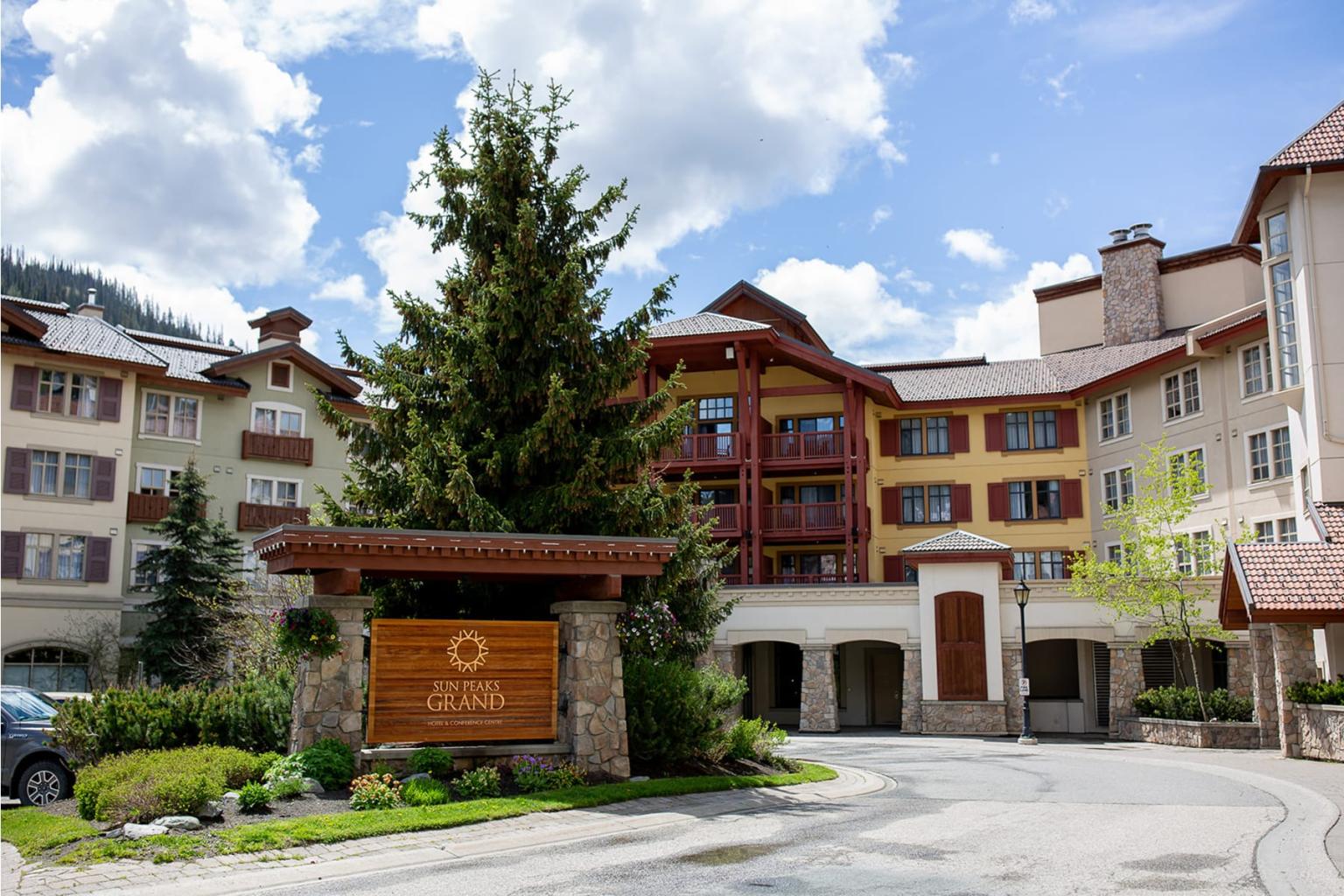 Mountain resort hotel entrance with large evergreen, scenic backdrop.