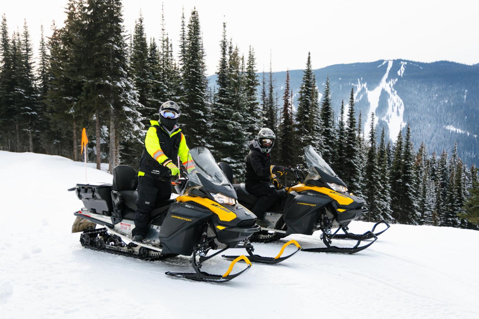 Two people on snowmobiles, wearing helmets and gear, snowy forest backdrop.