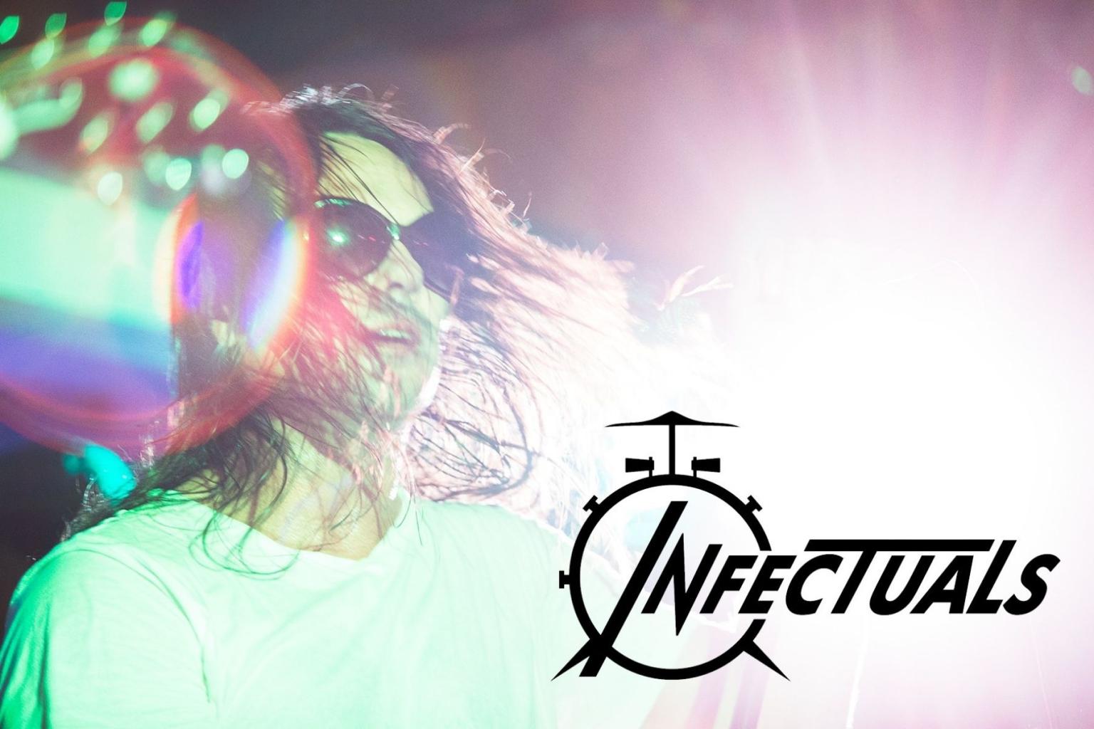 The Infectuals band member with sunglasses in bright, colorful light next to "Infectuals" logo.