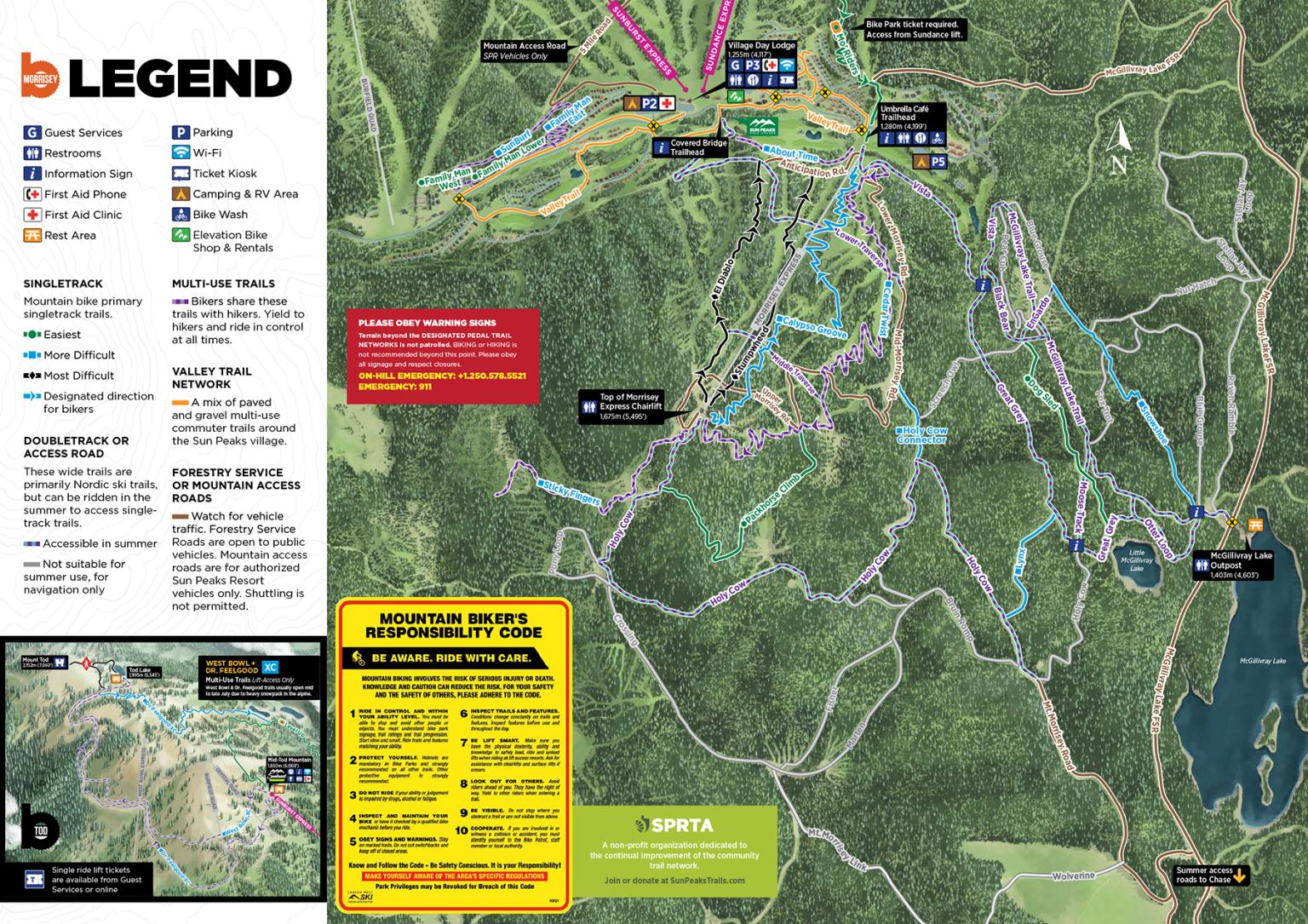 Sun Peaks 2026 Pedal Access trail map showing labeled routes, terrain difficulty, and safety information.