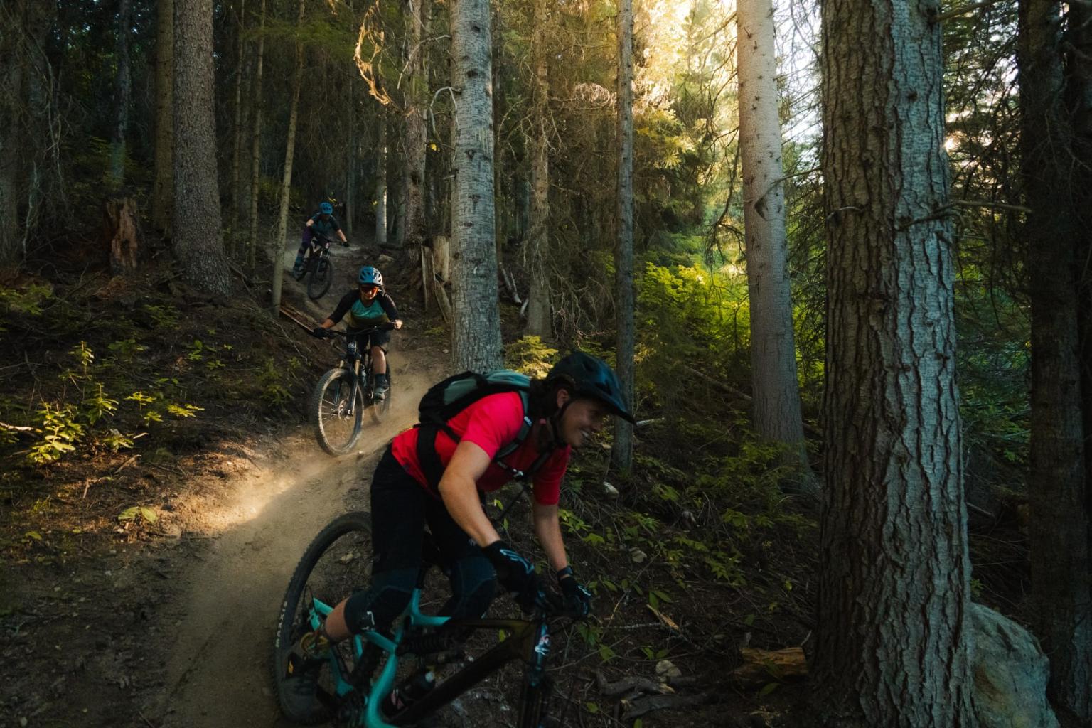 Mountain bikers navigating a forest trail at sunset.