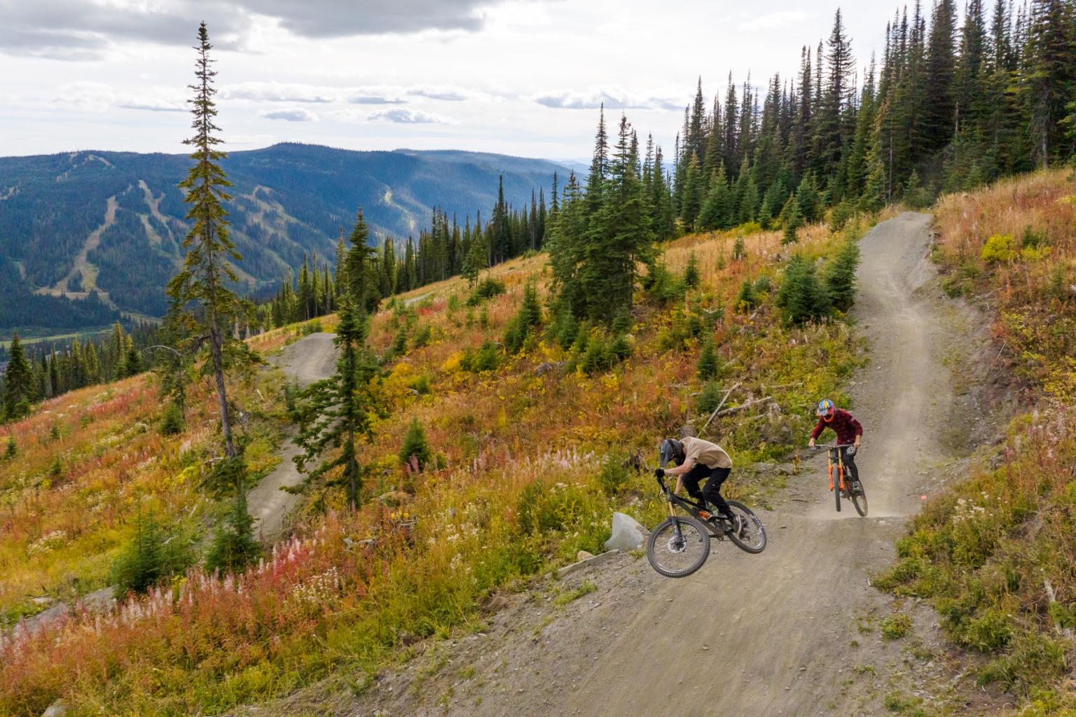 Two cyclists on a mountain trail surrounded by colorful autumn foliage.