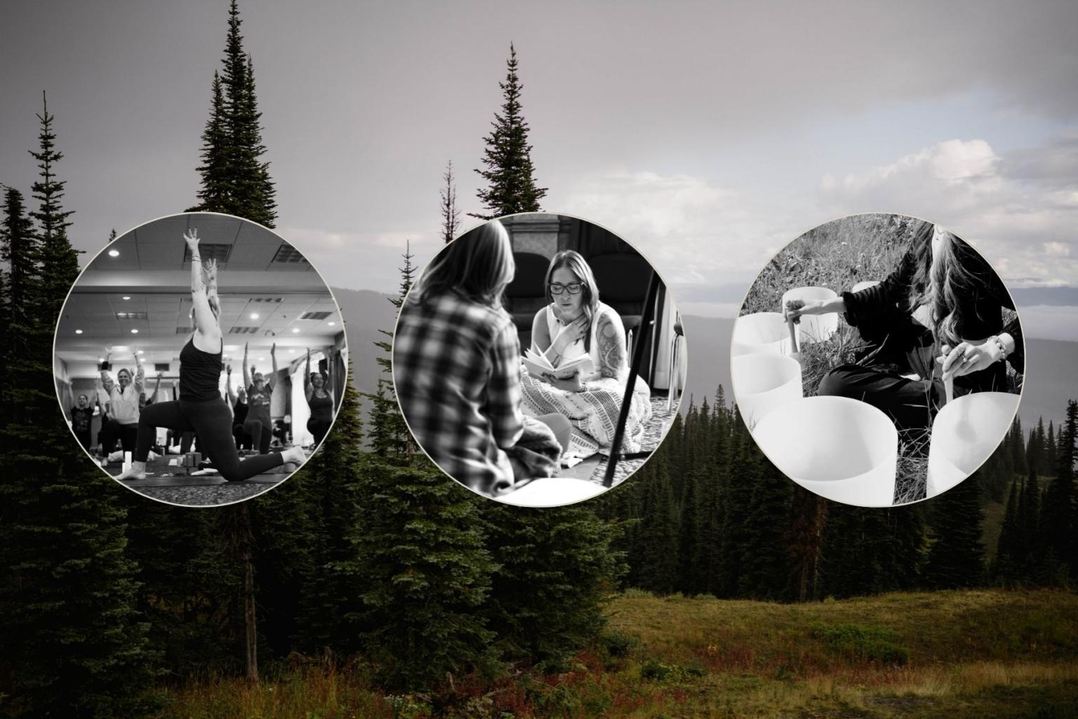 Three circular photos overlaying a forested mountain landscape.