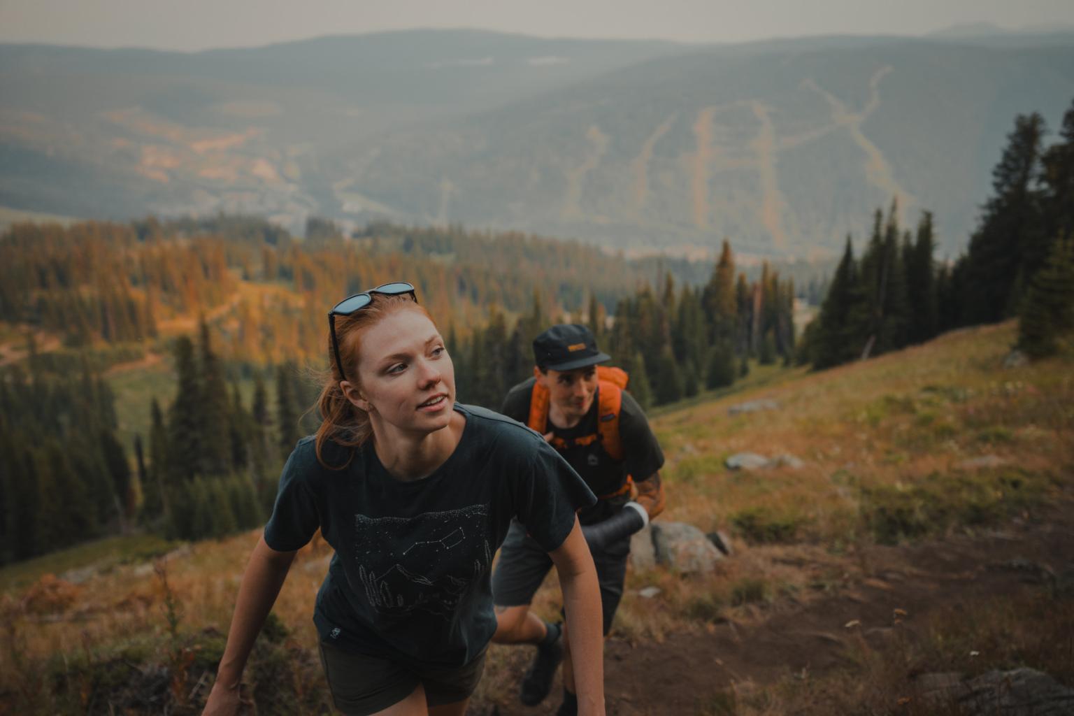 Hikers climbing a grassy hillside with mountains in the background.