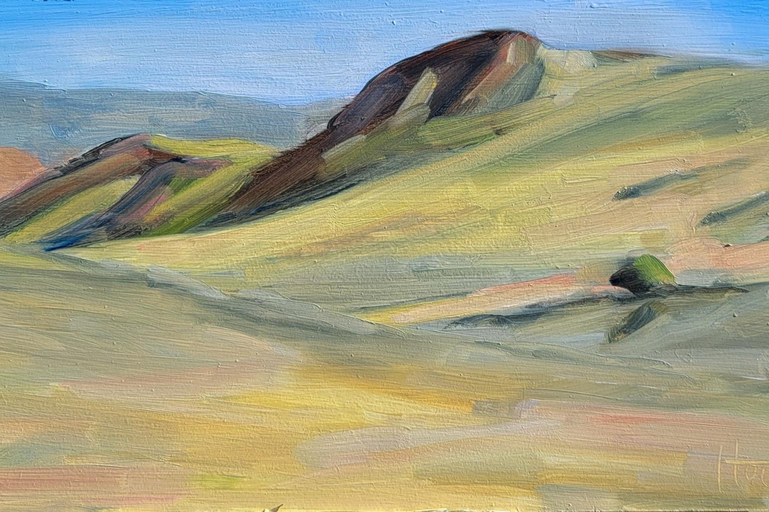 Landscape painting of gentle rolling hills under a blue sky.