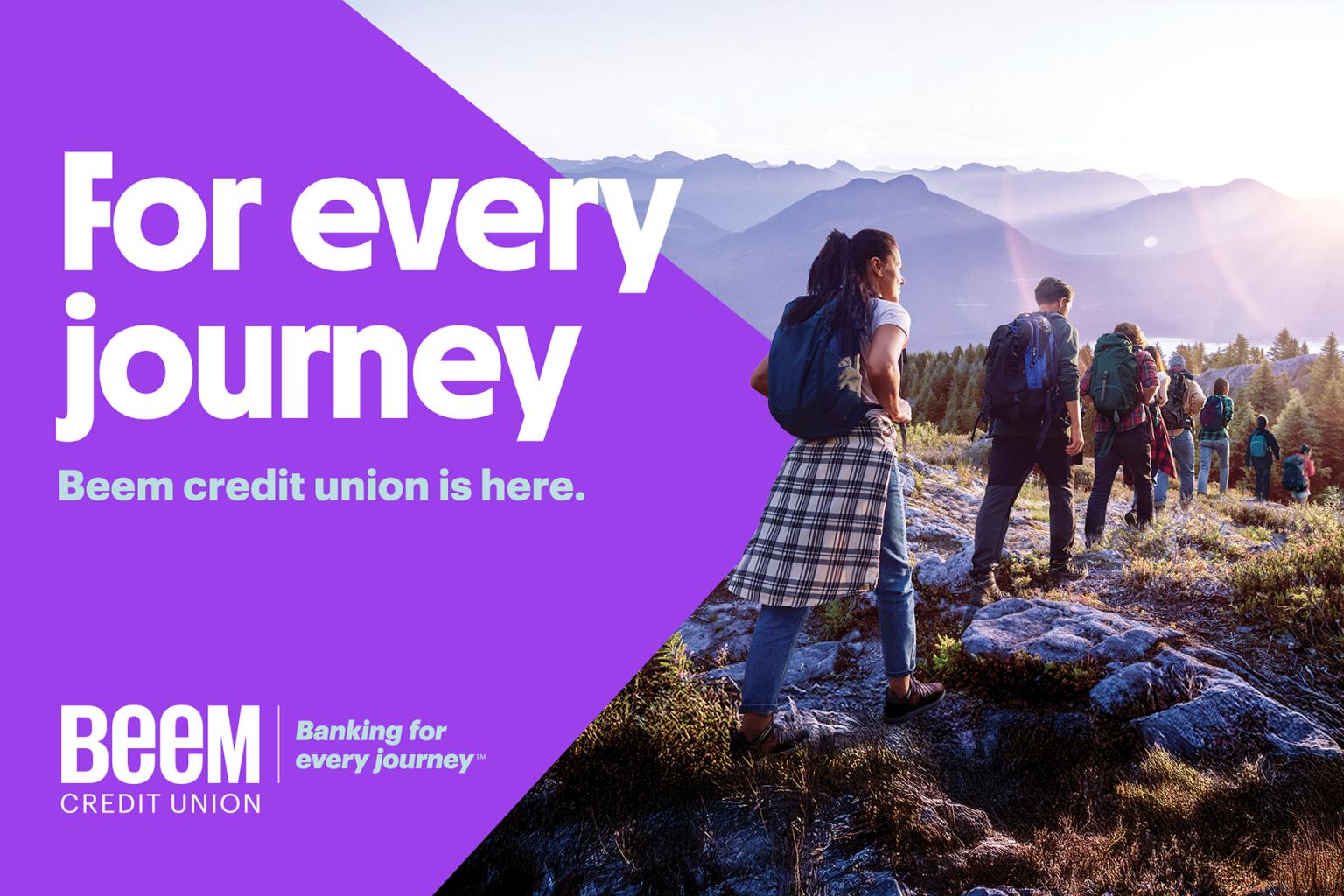 Hikers on a mountain path at sunrise, with purple text overlay.