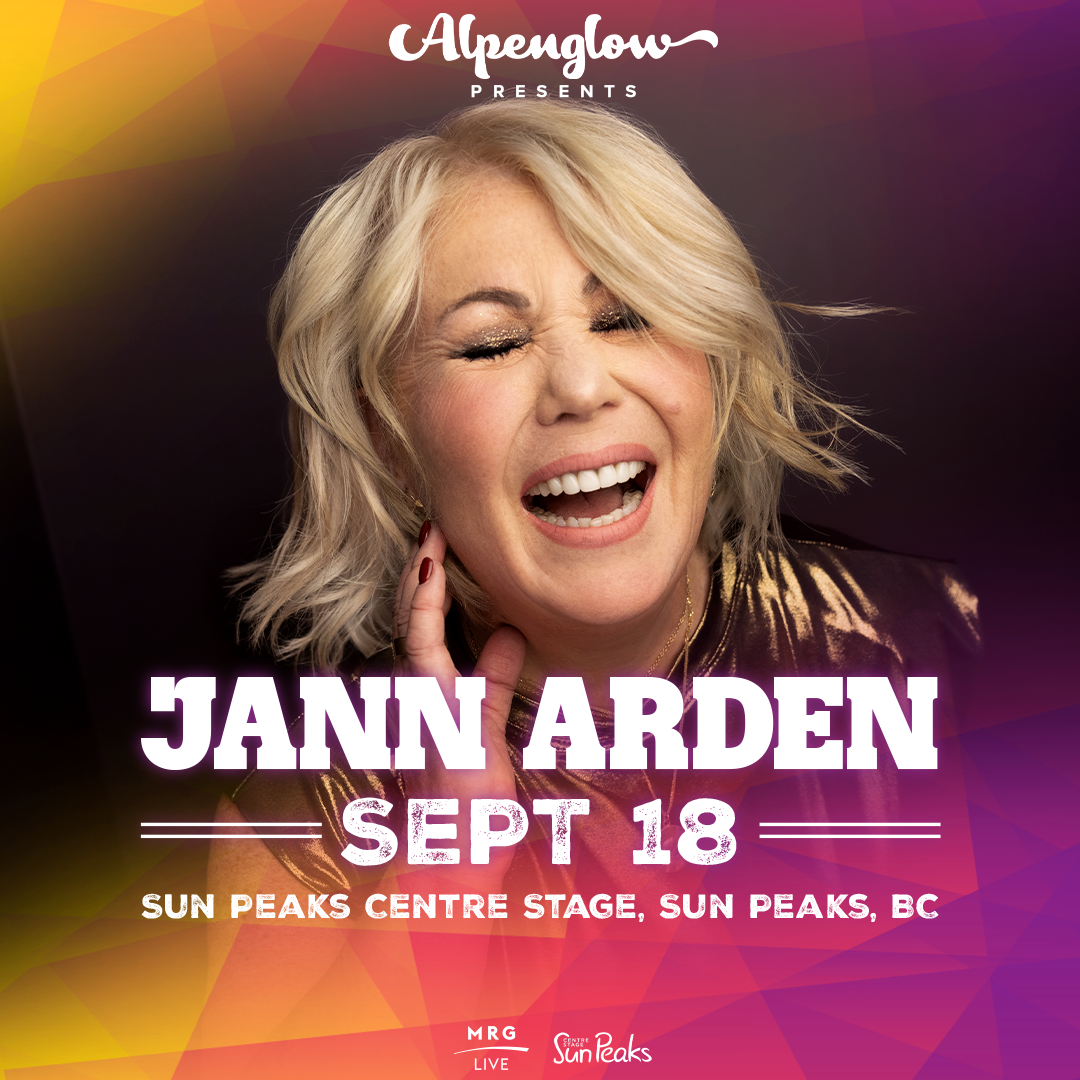 Smiling woman with blond hair on colorful background, event details below.