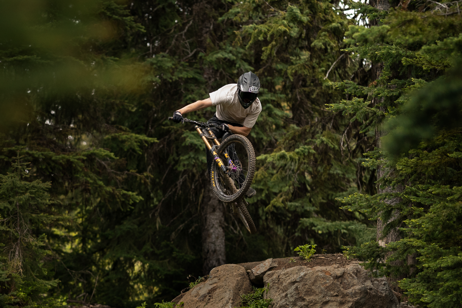 Mountain biker airborne above a forest trail, framed by dense green trees.